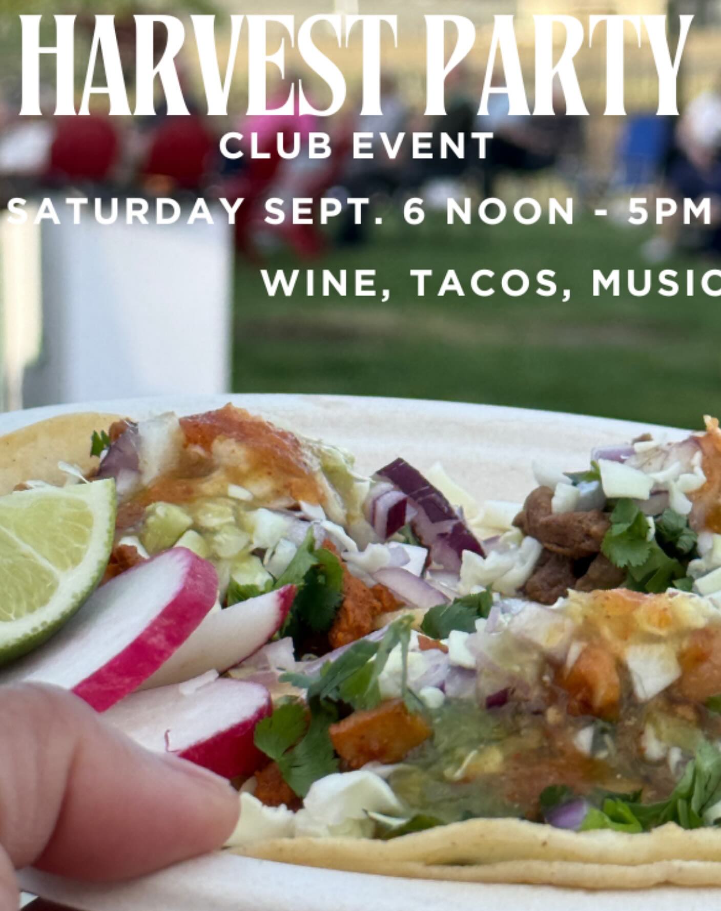 It’s harvest season at Frichette on Red Mountain and we want to celebrate with YOU!
Join us for our 4th Annual Club Member Harvest Party! It’s a fun afternoon filled with:
✨ Wine Tasting
✨ Delicious tacos
✨ Music 1p - 3p
✨ A fun scavenger hunt
✨ Connection club members
Greg and Shae are grateful for this amazing community that makes harvest season even more special and can’t wait to raise a glass with you.
Here are the details:
Saturday, September 6
12p - 5p (music 1-3pm)
Club Membership includes two tickets
$25 for guests (includes tasting and taco)
We’d love to delight you!