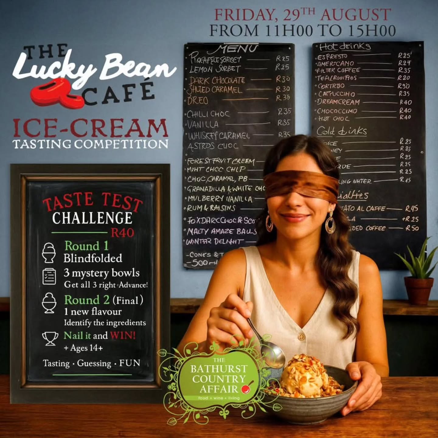 Think you know your flavours? At this year’s Bathurst Country Affair, The Lucky Bean Cafe is putting your taste buds to the ultimate test with their blindfolded Ice-Cream Tasting Challenge!
✨ How it works:
😋 Be blindfolded, taste a scoop, and guess the flavour.
🏆 Get it right for bragging rights — but even if you don’t, you still win because… ice-cream!
It’s fun, it’s tasty, and it’s the sweetest challenge you’ll face all weekend. Bring your friends, take the test, and see who’s the real flavour master!
📍 For more about what's on at this year's BCA: www.thebca.co.za
#BCA2025 #BathurstCountryAffair #LuckyBeanCafe #IceCreamChallenge