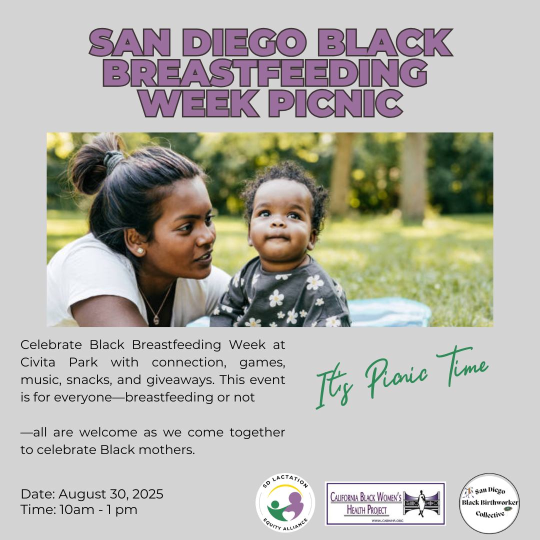 We’re just 5 days away from the First San Diego Black Breastfeeding Week Picnic
Join us THIS Saturday at Civita Park for food, community, giveaways, and celebration!
7960 Civita Boulevard San Diego 92108
RSVP via the link in bio + share with your network!