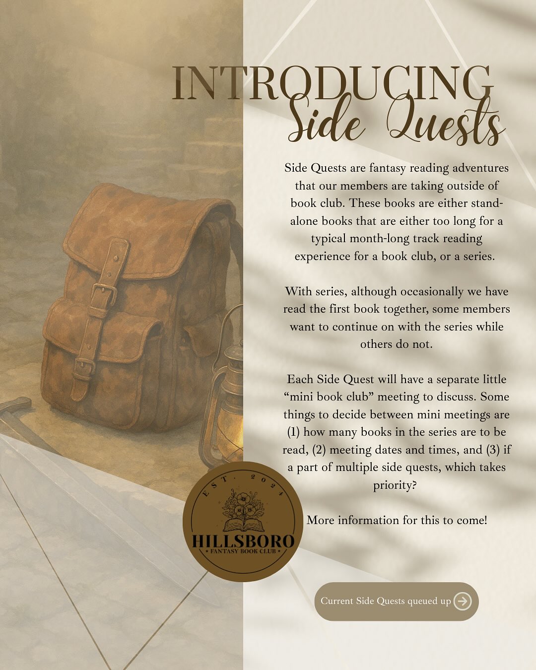 INTRODUCING SIDE QUESTS
📚We are excited to introduce side quests! Side Quests are NOT REQUIRED, but something fun for those of us who are avid readers!📚
✨Gentleman Bastard Sequence✨
✨Sarah J, Maas✨
✨The Wheel of Time✨
✨Brandon Sanderson✨
✨Zodiac Academy/World of Solaria✨
✨The First Law Series✨
📚To help us get more organized, please fill out this survey! This will help us schedule mini book clubs revolving around these side quests (also posted in bio and comments)📚
https://docs.google.com/forms/d/e/1FAIpQLSerzrSiSU31slUgMMfjDfD_l7andlvzEXCF4QW7UOjBBtHh9g/viewform?usp=dialog
***
.
.
.
.
.
.
.
.
.
.
.
#hillsborofantasybookclub #bookclub #bookstagram #booklover #books #bookworm #reading #foryou #bookish #booknerd #bookaddict #bookcommunity #bookstagrammer #readersofinstagram #bookrecommendations #bookreview #bookshelf #booklovers #booksofinstagram #booksbooksbooks #bookblogger #goodreads #read #booklove #bookaholic #bookphotography #author #booktok #readingtime #bookobsessed