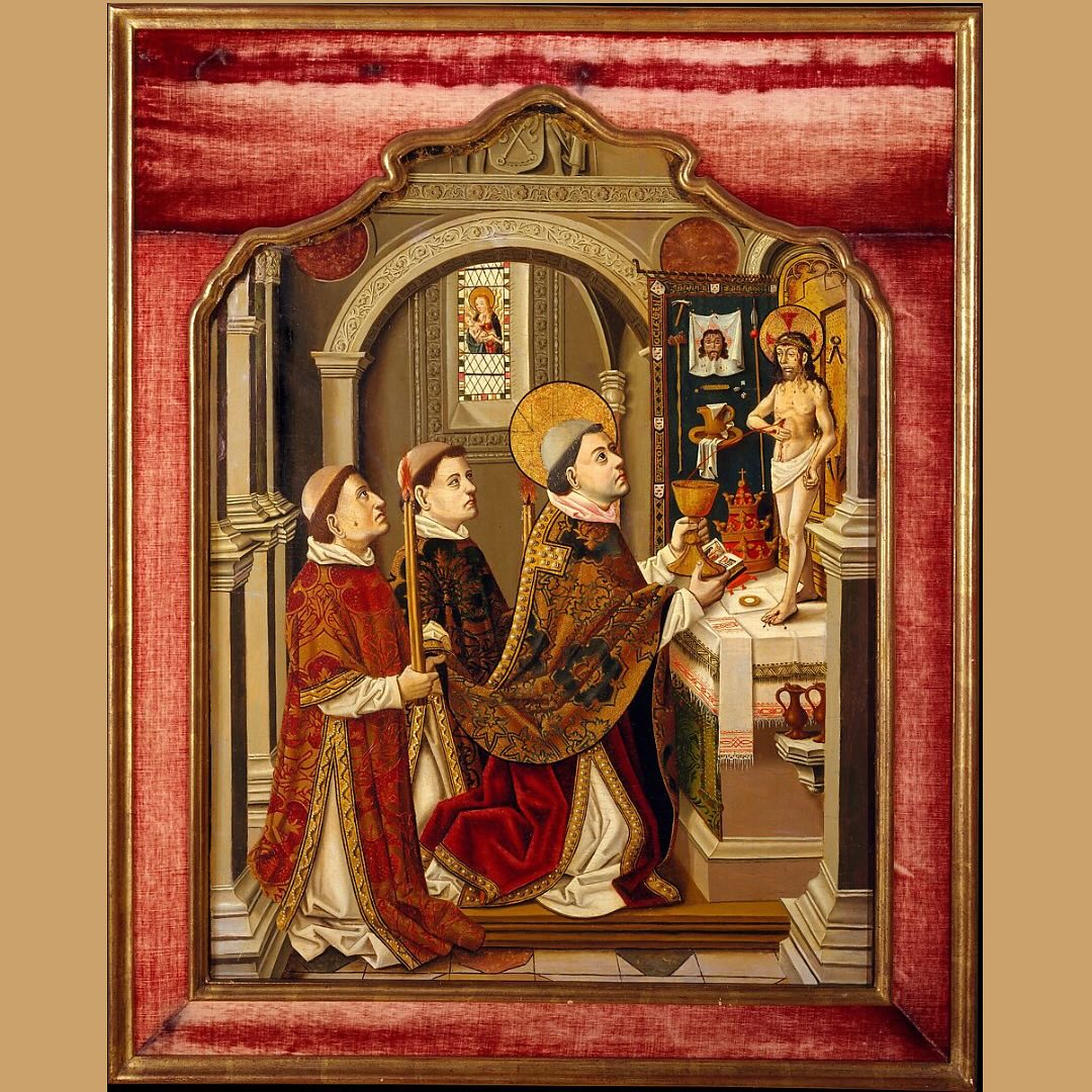 Saint Gregory, who created the mass for the whole Church to experience as unified, is experiencing the intimate transformation of the wine and bread into the actual presence of Jesus Christ. His experience which is shown here is what we can partake in each and every mass. Our Lord, sacrificed on the cross, continues to give Himself over hundredfold in the mass for our continued good and conversion. The detailing of the Lord being still wounded and bleeding is particularly powerful to me and is a beautiful reminder of the reality of what we are celebrating. It is a sacrifice. It is bloody and imperfect. It is an important moment that we should take particular care in and pay attention to. We must be reminded of the gravity of the moment and of what we are partaking in. We must humbly accept the great gift of Our Lord and be ready to partake in the same sacrifice that He underwent for us.
•
Image: The Mass of Saint Gregory, Spanish Painter,1490-1500. Metropolitan Museum of Art, New York City, New York, United States of America.
•
•
#beauty #sacredart #art #adportacaeli #catholic #catholiclifestyle #prayer #faith #truegoodandbeautiful #catholicart #catholicconvert #arthistory #religious #massofstgregory #saint #gregory #gregorythegreeat #met #newyork #metropolitanmuseumofart