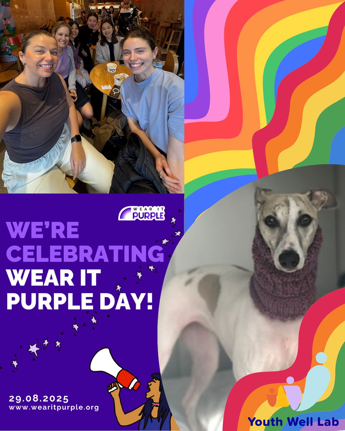 💜 Today we stand with young people for @wear_it_purple Day, speaking up for Bold Voices, Bright Futures
When LGBTQIA+ youth feel seen, safe, and celebrated, they can shine. At Youth Well Lab and through our @youthhealthhive project, we are committed to creating spaces where every young person is valued, included and empowered in health research and beyond.  
And on the style note: our team’s purple game ran the spectrum from lilac to mauve… and in Ally’s case, maybe even blue 👀. But the clear winner for best dressed? Wally the whippet in her purple snood — slaying the purple fashion stakes🐾💜✨
Together, we wear purple to spark conversations and stand with rainbow youth as they lead the way toward brighter, more inclusive futures 🌈
#WearItPurpleDay #YouthWellLab #BoldVoicesBrightFutures #VisibilityMatters #SNSWIP25