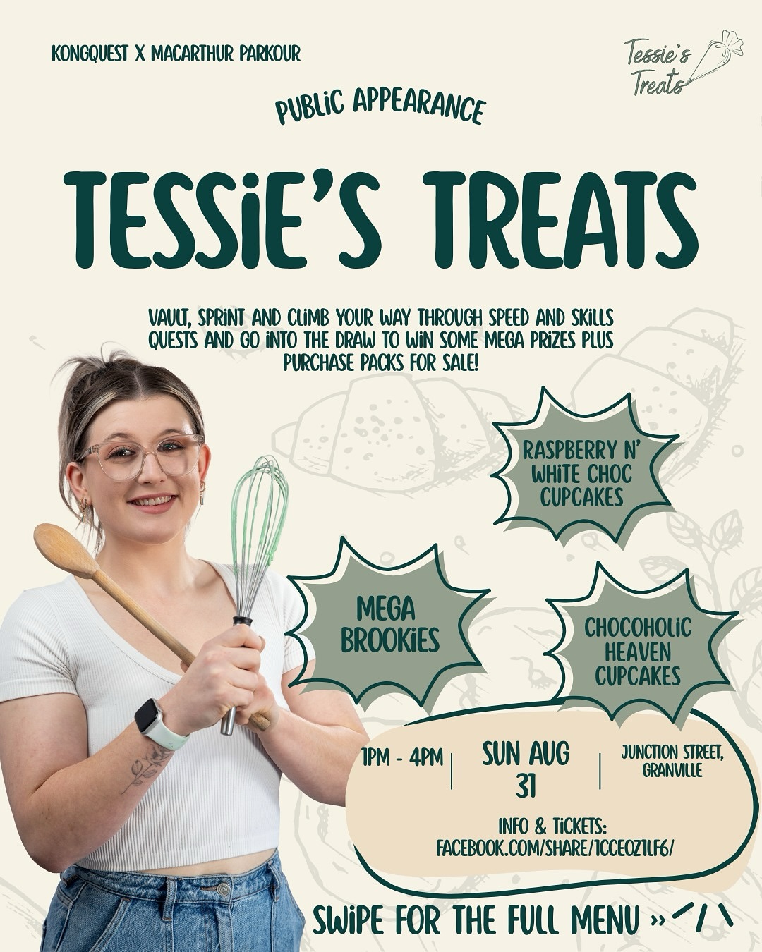 🍪 PUBLIC APPEARANCE ALERT 🍪
Tessie’s Treats is popping up at the Kongquest x Macarthur Parkour Youth Event and you do not want to miss this one! 🙌
🏃♂️ Vault, sprint & climb your way through epic challenges, then refuel with our next-level sweets:
✨ Mega Brookies – cookie + brownie = dessert heaven
✨ Raspberry n’ White Choc Cupcakes – fruity, fluffy, & oh so dreamy
✨ Chocoholic Heaven Cupcakes – rich, fudgy & topped with a Tim Tam!
🗓 Sunday, Aug 31
⏰ 1PM – 4PM
📍 Junction Street, Granville
👉 Swipe for the full menu & pricing!
🎟 Grab a treat, enter the prize draw & pick up singles, combos or mixed boxes to share (or not 😉).
https://www.eventbrite.com.au/e/parkour-youth-event-kongquest-x-macarthur-parkour-august-2025-tickets-1560583440079?aff=facebook&fbclid=IwVERDUAMbV6BleHRuA2FlbQIxMAABHjyovjF6dVweZYn-MknrR7pwWeNr67grysiP_l-8kvBlFDJnJAkXdD7wqnE9_aem_w5ec-cEYwWvABDIZimvhvw
#TessiesTreats #ParkourEvent #GranvilleEats #BrookieLove #CupcakeGoals #SydneyEvents