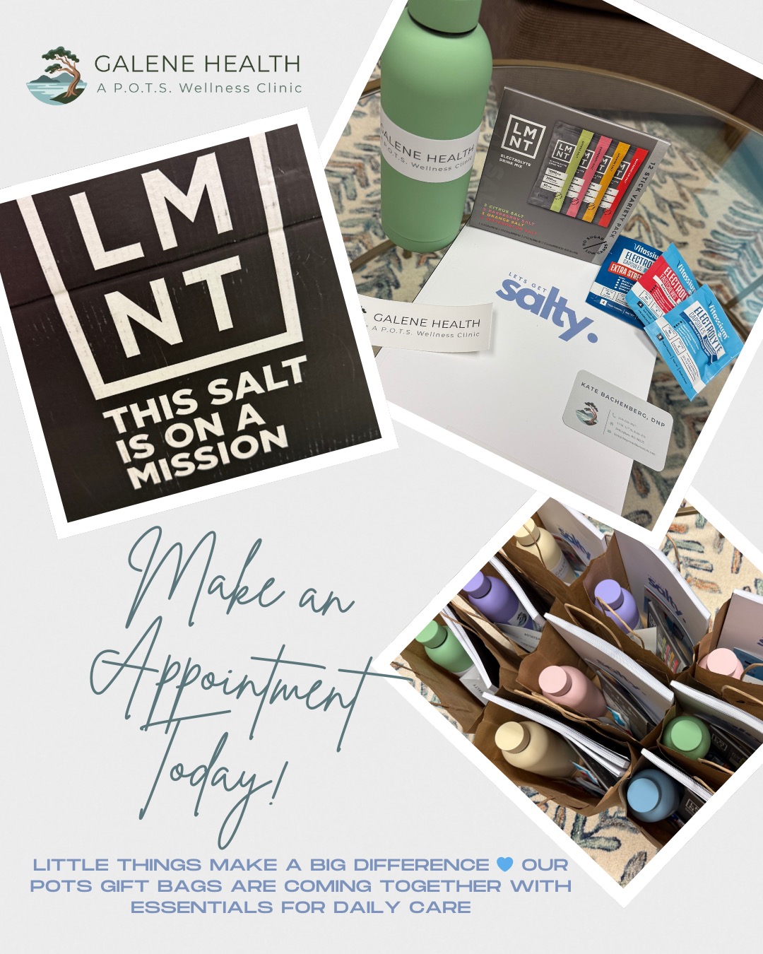 💙✨ We’re excited to share that every patient at their initial appointment with Galene Health will receive a POTS Essentials Gift Bag! ✨💙
Each bag includes:
🌊 A reusable water bottle to stay hydrated
📓 A custom journal designed specifically for POTS patients
💧 Electrolyte + salt support with samples from @drinklmnt and @vitassium
A huge thank you to these amazing companies for their generous donations and commitment to supporting the POTS community 🙏
We can’t wait to welcome you and send you home with tools to support your journey. 🌿
#GaleneHealth #POTS #Dysautonomia #AutonomicHealth #Posturalorthostatictachycardiasyndrome #ChronicIllness
