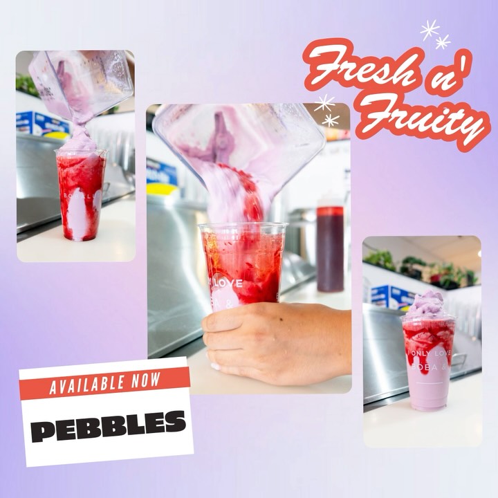 looking to mix up your taro? 💜🩷 try the pebbles: a taro slush infused with strawberry, strawberry bits and strawberry drizzle 🍓