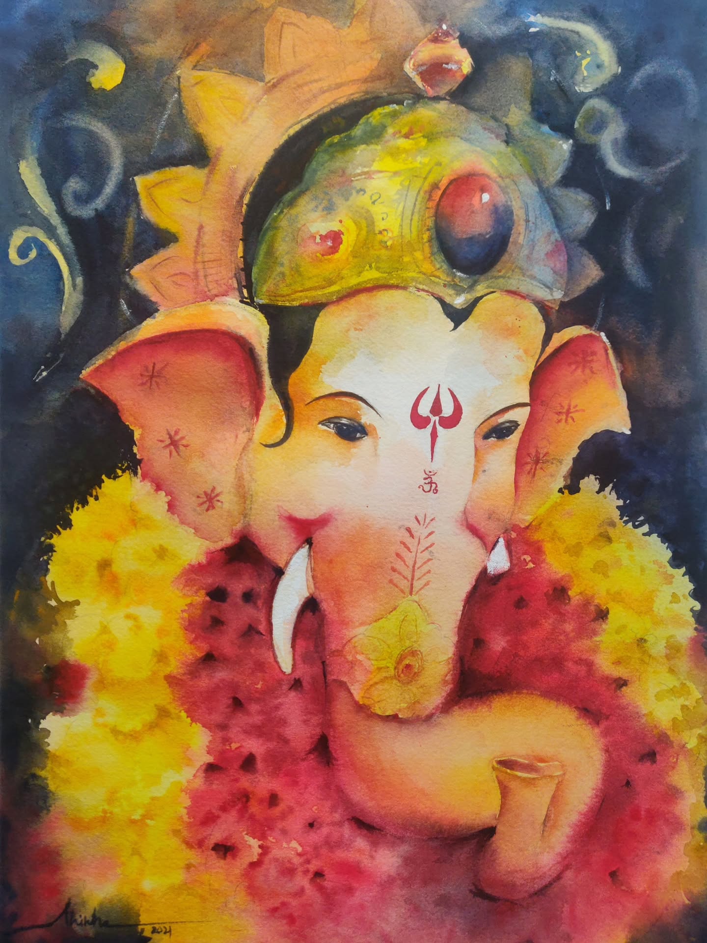 Happy Ganesh Chaturthi!!
This is a Hindu festival celebrating the birthday of Hindu deity Ganesh. The festival is marked with the installation of Ganesha's murtis (devotional representations of a deity) privately in homes and publicly on elaborate pandals.
Offerings and prasada from the daily prayers, that are distributed from the pandal to the community, include sweets such as modak as it is believed to be a favourite of Ganesha.
As with its many festivals, India is celebrating today with colour, lights, sweets and sharing within communities!!
Painting by @shikhagargart
#indianfestivals #India #ganeshachaturthi