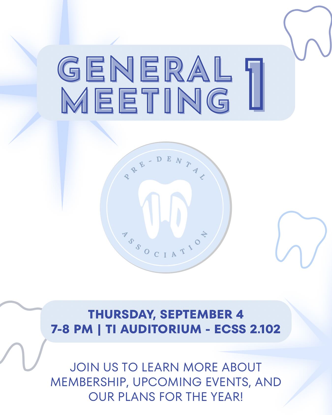 HAPPY FIRST DAY OF SCHOOL PRE-DENTS!!
We hope you can join us for GM1, where your officer board will introduce themselves, provide an overview of our organization and the resources we offer, explain membership requirements, and share details about upcoming service opportunities and social events.
First General Meeting (GM1)
📅 Date: Thursday, September 4th
⏰ Time: 7:00 PM – 8:00 PM
📍 Location: TI Auditorium (ECSS 2.102)
We’re so excited for this year and we hope you are too 😎
See you there!! 👋