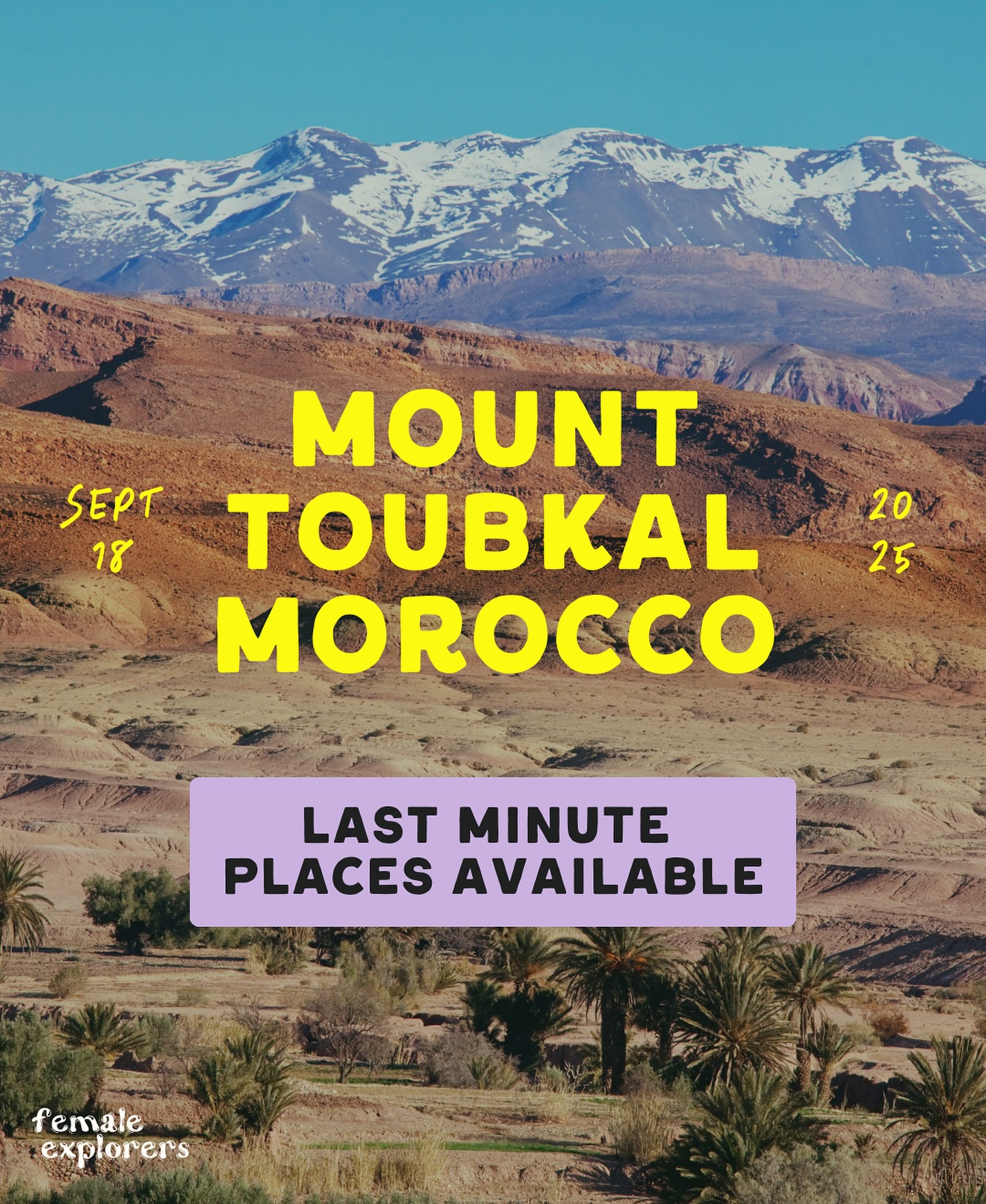 📣 Due to a couple of last minute cancellations we now have space available on our Toubkal trip in 3 weeks time!! 🤩
This September 18th-21st we’ll be heading to Morocco for a four-day unforgettable experience in the Atlas Mountains climbing Mount Toubkal at 4165m 🏔️
This is a small female-only trip and an amazing opportunity to try your hand at high altitude hiking. It’s a beautiful trek and if you’ve always wanted to do a big mountain like Kilimanjaro this is the perfect place to start!! 🙌🏽
We already have an amazing bunch of girls booked on for the mountain plus some incredible rooftop meals planned for those staying on in Marrakech before or after 💫 it’s going to be incredible 🥰
Comment MOUNTAIN below and we’ll send you all the info straight to your DMs 📥
#girlswhohike #mounttoubkal #hikingadventures #moroccotrip #atlasmountains #mountaingirls #femaleexplorersuk