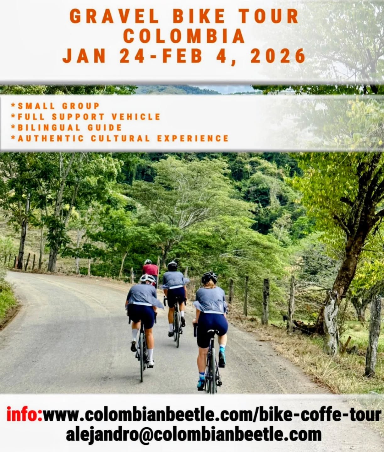 Coffee & Gravel Bike Tour – Colombia
Discover Colombia on two wheels. A 12-day guided gravel and road cycling adventure through tropical mountains, coffee farms, and colorful villages.
✅ Small group | ✅ Bilingual guide | ✅ Support vehicle
Limited spots – Join now!
📍 January 24 – February 4, 2026