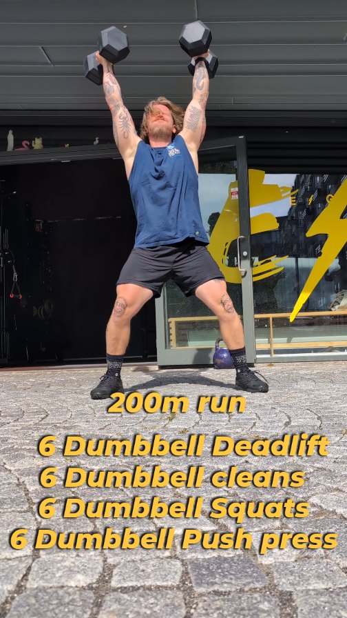 I'm upping my content game. (Trying)
This reel took me literally hours to do š¤£š¤£š¤£
Here's a great little dumbbell workout I did with our morning class at @eightlife.dk this morning.
It was so good I decided to do it myself. And thought you might want to join in.
8 rounds.
Go every 3 minutes
200m run
6 Dumbbell Deadlift
6 Dumbbell Cleans
6 Dumbbell squat
6 Dumbbell Push press
If you can do it with a pair of 22,5 kgs without setting the dumbbells down, then you're in pretty good shape.
Want more workouts? Let me know what content you want to see more of.