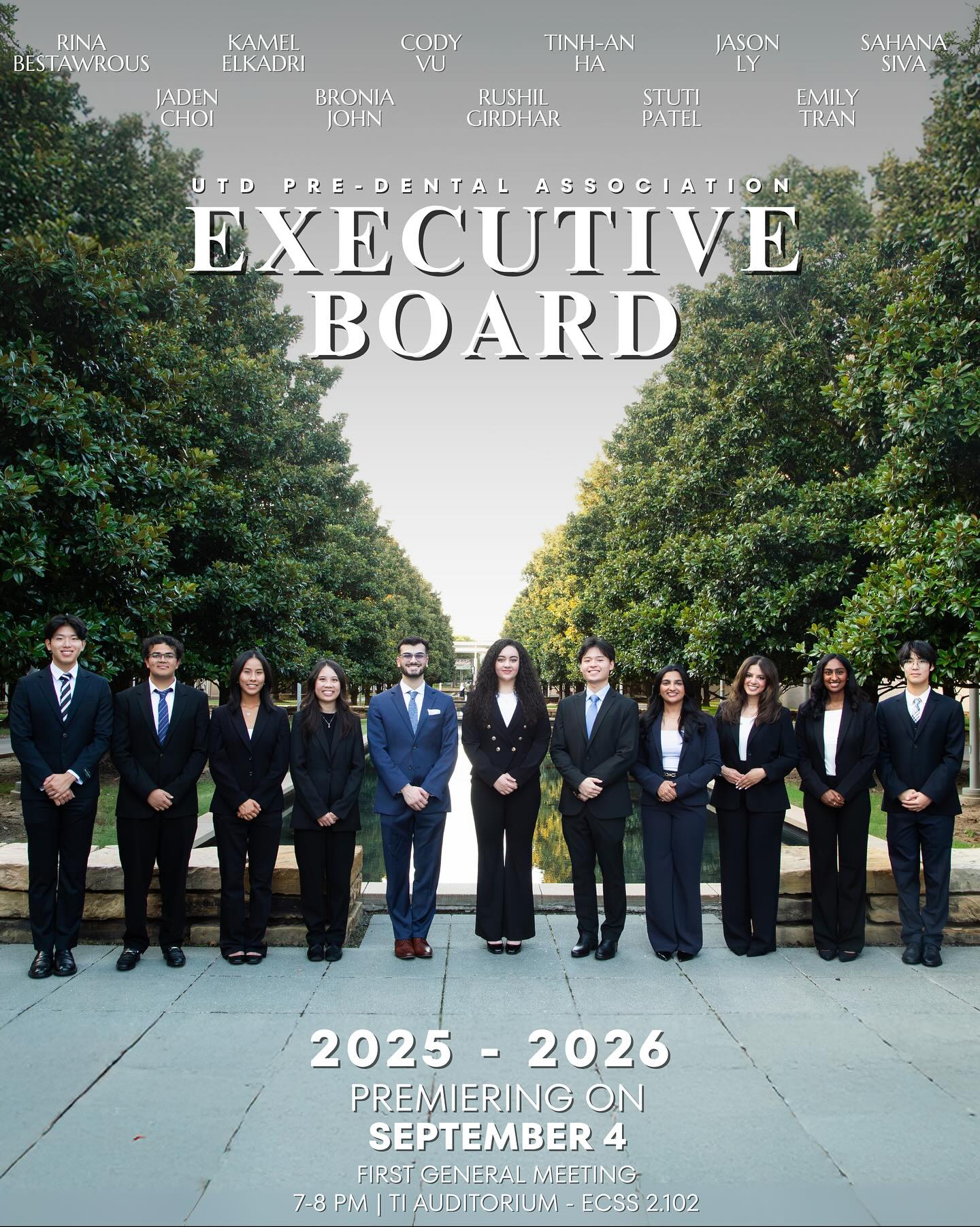 The UTD Pre Dental Association Executive Board is hitting the BIG SCREEN and this year’s production is set to be another amazing one 🎬🌟
✨ This cast of leaders are ready to inspire, empower, and deliver an unforgettable year with action-packed events, jaw-dropping opportunities, and moments worth remembering, starring YOU, the UTD PDA community 🦷💙✨
Stay tuned as we gradually introduce each officer’s official movie poster and role! 😎👋