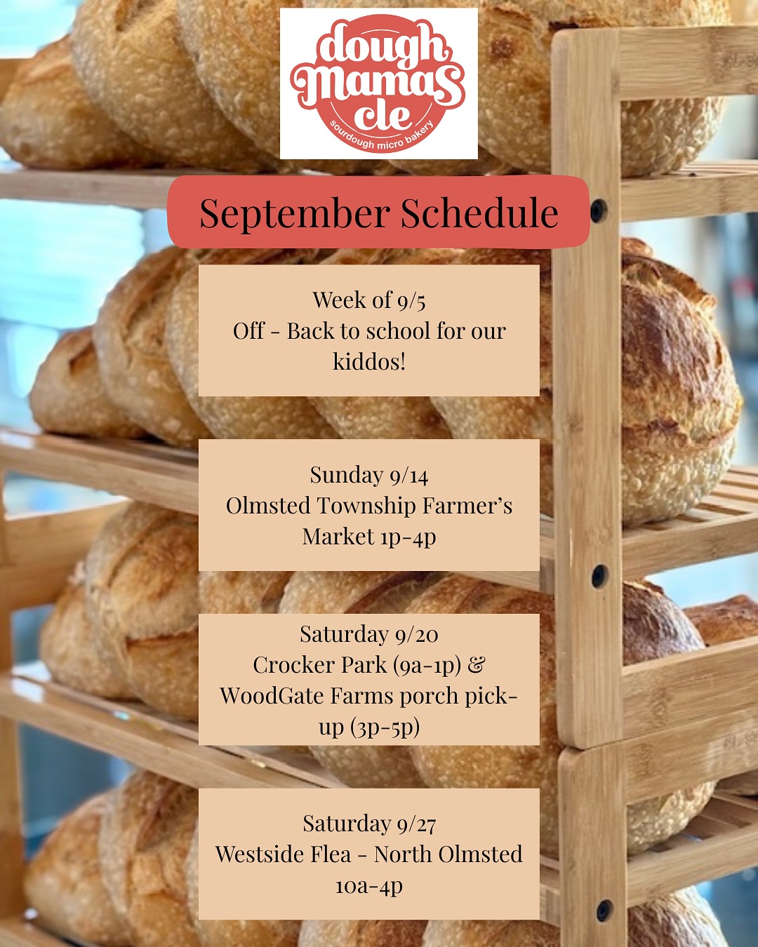 September schedule and new cozy 🍎 menu items! We will be taking break this next week to get our kiddos back into their school groove, but we will be back to baking your favorite goods for the very first Olmsted Township farmer’s market that we are co-hosting on Sunday 9/14! Stay tuned for preorder details. 🍞🍪🌾