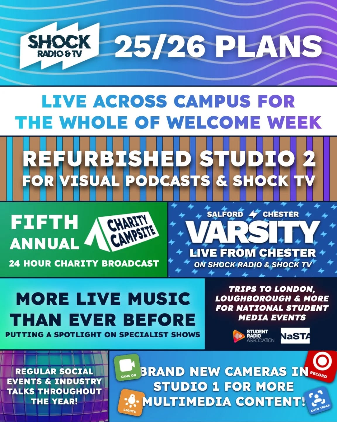 GET READY SALFORD!
Shock is back for another year, and here's a look at just some of the things we've got planned....
We'll be live across campus all week, so keep an eye out for us and come and say hi!
Want to get involved? Applications for shows and other roles will be opening very soon! Stay tuned for more info.
@salfordsu #studentradio @studentradioassociation @nasta_uk #salforduni