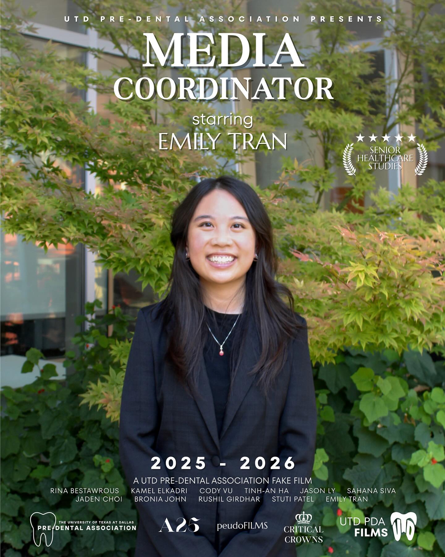Introducing Emily Tran, a Senior Healthcare Studies major stepping into the spotlight as Media Coordinator of the UTD Pre Dental Association!
Let’s get to know a little more about her and see what she does behind the scenes 🎬✨
Q) What are your officer responsibilities?
If you hear the click of a camera nearby, don’t worry, that’s just me capturing your fun and amazing pre-dental memories!! Other than taking photos and managing our social media, I also design our merch, make flyers, update the website, and edit videos. My favorite video so far is the Hot Ones challenge from last year 😋
Q) Fun fact:
One of my art TikToks hit 1.2M views hahaha
Q) If there was a movie about you, what would the title be?
E.T. (NOT the extra-terrestrial)
With her creativity, she’ll make sure every highlight of UTD PDA shines on screen! Stay tuned for the next officer poster as the rest of the team step into the spotlight 🤩