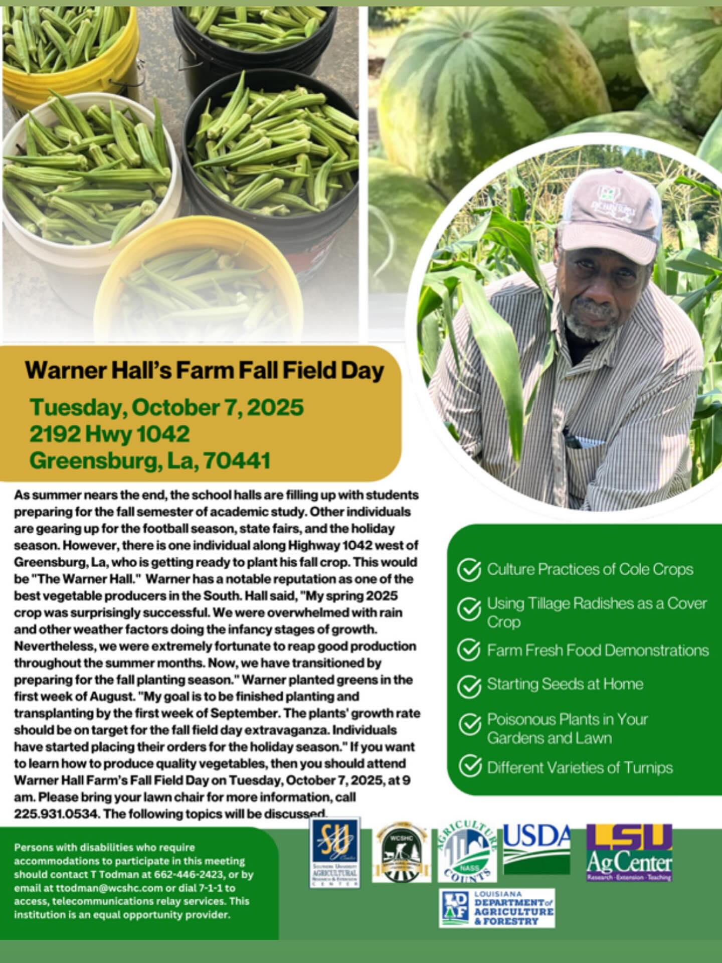 TAG A GARDENER!!!!!!
Whether you want to start, just started or been in the game, this day is for you!!!
This is where I learned all my gardening tips and tricks! Take off now and join me Tuesday, October 7th for a great gardening community experience with Warner Hall (former Ag Professor at LSU), USDA, SU Ag, LSU Ag and more!!!
I would love to see some schools take this field trip to get our youth involved in gardening
TAG A GARDENER!!!!!!
@its.ms.gordon
@valleyhousemarket