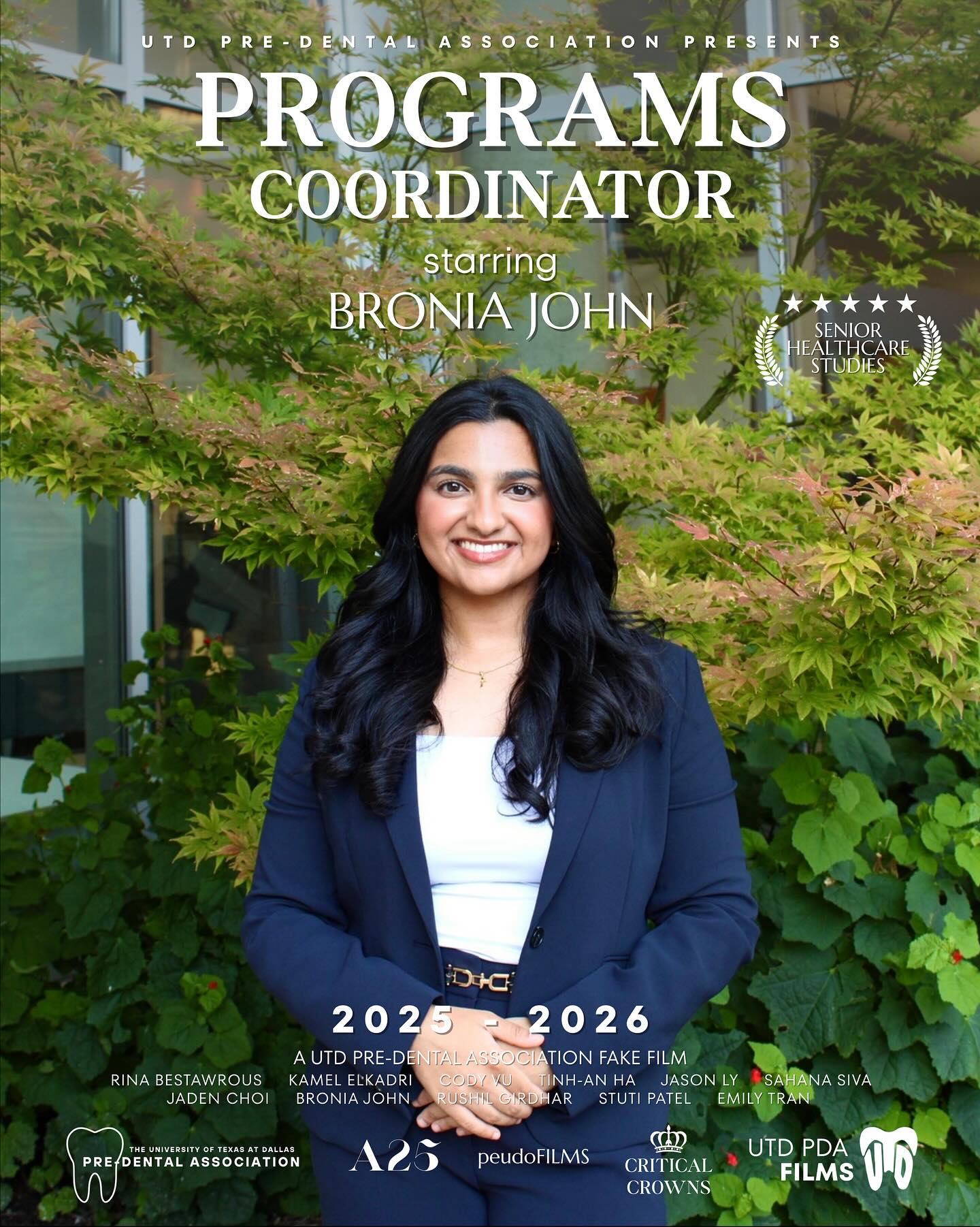 Introducing Bronia John, a Senior Healthcare Studies major stepping into the spotlight as Programs Coordinator of the UTD Pre Dental Association!
Let’s get to know a little more about her and see what she does behind the scenes 🎬✨
Q) What are your officer responsibilities?
I organize all meetings and workshops for PDA throughout the year! It’s awesome to see how members come out to learn more about dentistry and hone their skills while forming new connections with other pre-dents on campus. I’m so excited to bring you all interactive events like our Suturing workshop, Manual Dexterity Night, Pre-Dent 101, and so much more! I can’t wait to work with you all this year 🌟
Q) Fun fact:
Outside of PDA, I enjoy spending time with my friends and family, teaching chemistry, traveling, working out, and exploring new hobbies! I’m currently learning how to play the piano, so I’m excited to see how that’ll go 🎶
Q) If there was a movie about you, what would the title be?
“Smile Lines”
Years of laughter and warm memories have given me smile lines, but I wouldn’t change anything about them ❣️
With her dedication, she’ll design workshops that equip members with skills, knowledge, and confidence for their pre-dental journey. Stay tuned for the next officer poster as the rest of the team step into the spotlight 🤩