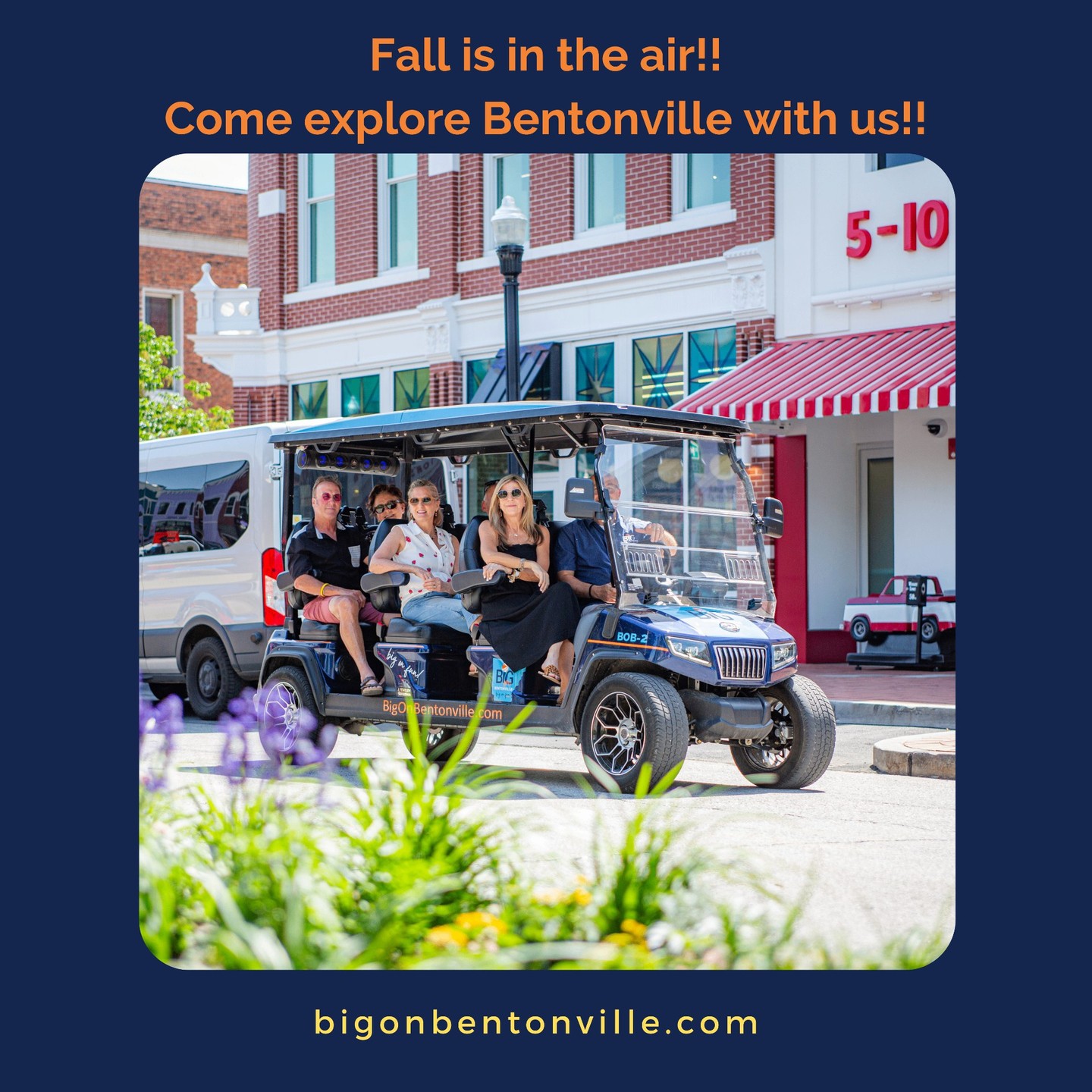 🍂 Fall is in the air (or at least pretending to be 😉)! While Starbucks is rolling out the pumpkin spice, we’re rolling through Bentonville showing off the best sights, stories, and secret gems. 🚙✨
Come soak up these fall-like vibes with us on a golf cart tour—you bring the cozy sweater, we’ll bring the FUN! 🍁
Check the link in our bio to book!