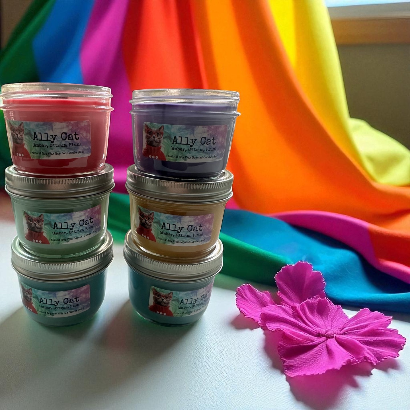 Transform your space with Ally Cat, our whimsical candle crafted to celebrate love and inclusivity! 🌈✨ With captivating scents of amber, citrus, and plum, it's the perfect addition to any pet lover's home. Light it up and let it shine! Link in Bio #AllyCat #InclusiveHome #CandleVibes #PetLovers