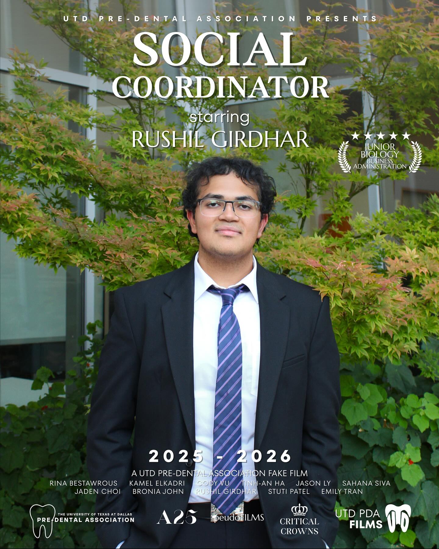 Introducing Rushil Girdhar, a Junior Biology major and Business Administration minor stepping into the spotlight as Social Coordinator of the UTD Pre Dental Association!
Let’s get to know a little more about him and see what he does behind the scenes 🎬✨
Q) What are your officer responsibilities?
As your social coordinator, I organize our social events and gatherings throughout the year to ensure a friendly and supportive atmosphere within our pre dental community at UT Dallas
Q) Fun fact:
I have traveled to more than 20 countries, I’m a car photographer, and I enjoy playing the piano in my free time
Q) If there was a movie about you, what would the title be?
“Full Throttle”
With his enthusiasm and knack for fun, he’ll create fun events that help members release stress and connect with others! Stay tuned for the next officer poster as the rest of the team step into the spotlight 🤩