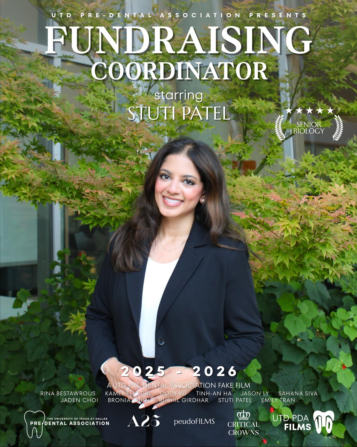 Introducing Stuti Patel, a Senior Biology major stepping into the spotlight as Fundraising Coordinator of the UTD Pre Dental Association!
Let’s get to know a little more about her and see what she does behind the scenes 🎬✨
Q) What are your officer responsibilities?
*Lead fundraising initiatives for Miles for Smiles
*Coordinate with Tony Keller, TAMCOD liaison
*Set fundraising goals with the officer team
*Plan and oversee fundraising events
*Support officer team in selecting two Chairs
*Build and manage the fundraising committee
Q) Fun fact:
I lived on the East Coast for 14 years before moving to Texas.
Q) If there was a movie about you, what would the title be?
Coffee Walks on the Beach: A Journey Unfolding
With her dedication, we’ll keep driving strong support and raising incredible numbers for Miles for Smiles! Stay tuned for the next officer poster as the rest of the team step into the spotlight 🤩