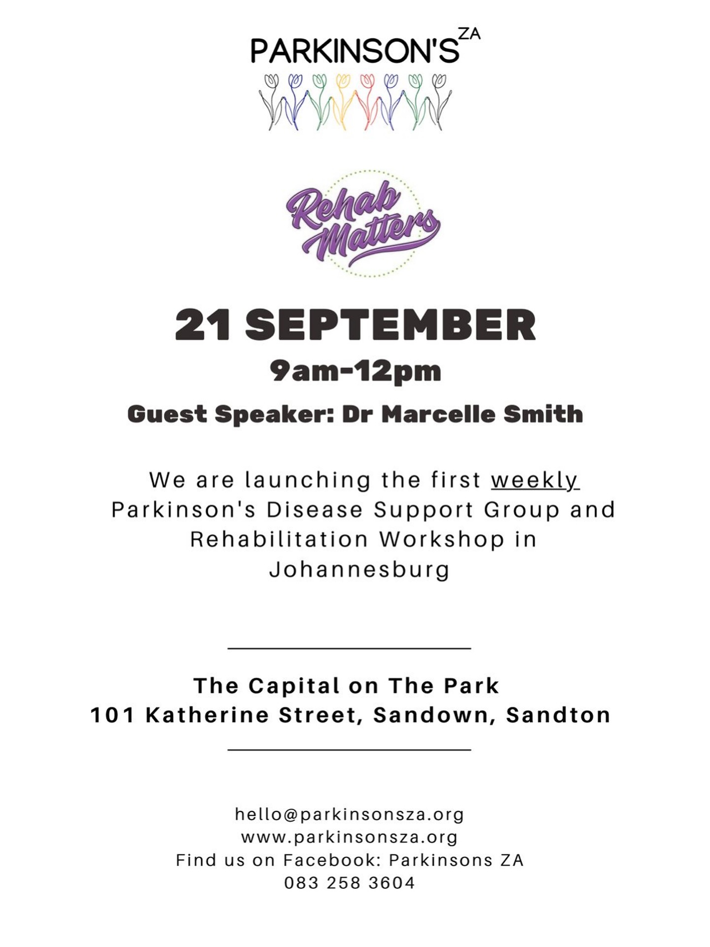 Hello Joburg!
We are excited to announce the launch of our weekly Parkinsonās Disease Support Group & Multidisciplinary Rehabilitation Workshop in collaboration with MH&P Rehab šæ
š The Capital on The Park, Sandton
šļø 21 September | 9amā12pm
š¤ Guest Speaker: Dr Marcelle Smith
If you are a Person with Parkinsonās, care for someone with Parkinsonās, or know someone affected, join our growing community.
Workshops are already running in Cape Town & Durban, and now, Johannesburg!
#ParkinsonsZA #RehabMatters #ParkinsonsSupport #JohannesburgEvents #CommunityCare