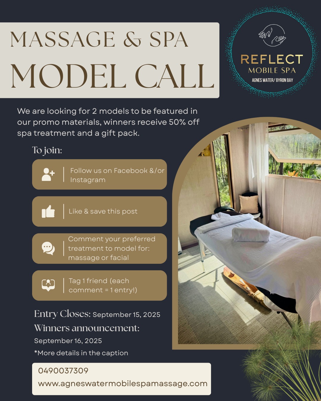 ๐ฃ MODEL CALL โ MASSAGE & FACIAL SHOOT ๐ฟ
Weโre looking for 2 models to feature in our new spa campaign!
โจ Winners receive 50% off a treatment + a curated gift pack.
Want in? Itโs easy:
Follow us on Instagram or Facebook
Like & save this post
Comment massage or facial โ what you'd like to model
Tag a friend (every comment = 1 entry!)
๐
Entries close: Sept 15, 2025
๐ Winners announced: Sept 16, 2025
*Must be available in Agnes Water, QLD on Friday September 26, 2025*
๐ Shoot to take place in beautiful, nature-inspired studio in Agnes Water.
Let your inner glow shine!
๐ agneswatermobilespamassage.com
๐ 0490 037 309
#agneswater #modelcall #massagephotography #facialmodel #reflectmobilespa #wellnessshoot #spaoffer