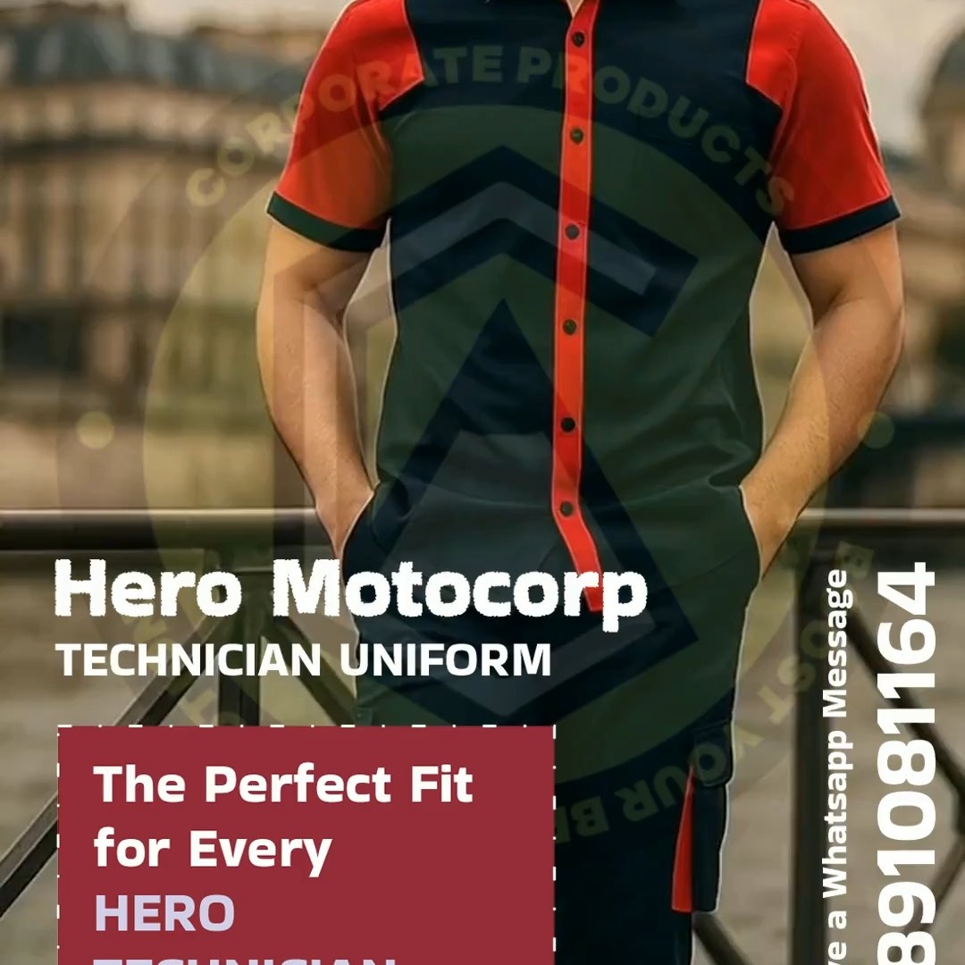 Premium Hero MotoCorp technician uniforms designed for durability, comfort, and a perfect fit. Supplied and manufactured for dealerships all over India with quick delivery. Elevate your Hero dealership’s professional look with our quality uniforms! #HeroMotoCorpUniform #TechnicianUniform #DealerUniform #UniformSupplierIndia #PanIndiaDelivery #HeroDealership #QualityWorkwear #AutoUniforms