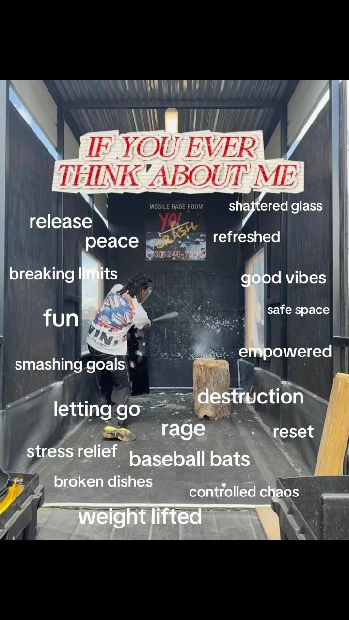 When you think of us, think laughter, stress relief, and a baseball bat or two 😉🔨
•
•
#yocrashrageroom #rageroom #yocrashmobilerageroom #yocrash #smashroom #angerroom #ohiorageroom