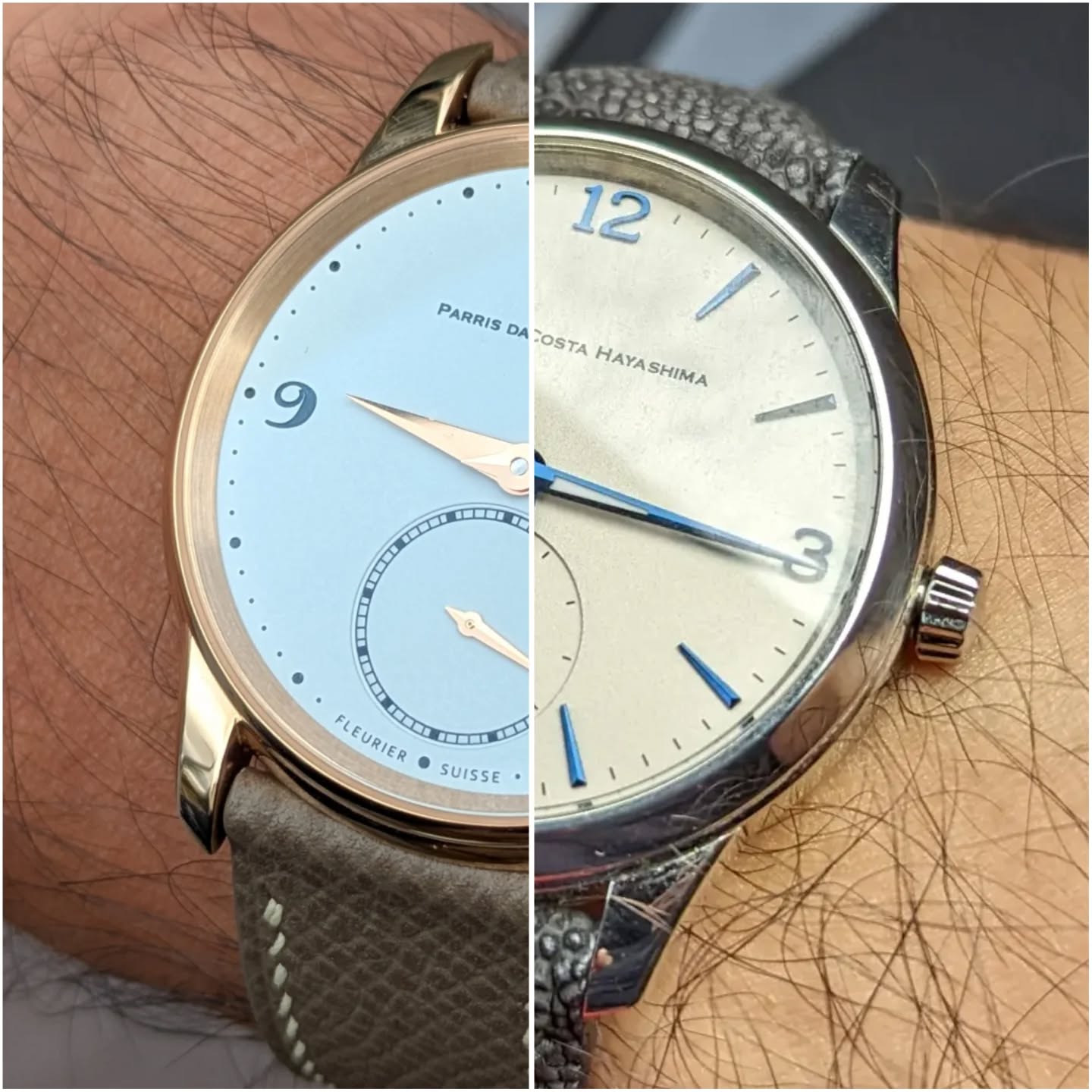 Kagamimochi 39mm (L) and Konpeki 40.5mm (R).
4N 18k Rose gold and 316L stainless steel respectively. Both every day dress watches.
#parrisdacostahayashima #kagamimochi #konpeki #lafabriquedutemps #metalem #vauchermanufacture 5401 inside both.