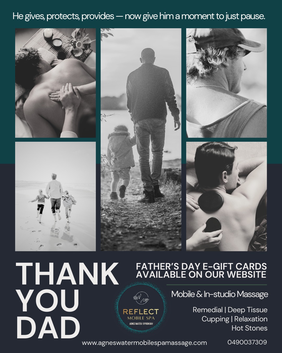 He gives, protects, provides — now give him a moment to just pause.
This Father’s Day, show Dad how much he’s appreciated with the gift of pure relaxation. Whether he’s fixing, driving, building, or simply being there, he deserves time to unwind.
👐 A massage isn’t just a treat — it’s a thank you.
💆♂️ Help him press pause, recharge, and feel his best.
🎁 E-Gift Vouchers available now — the perfect last-minute gift.
👉 www.agneswatermobilespamassage.com
📍 Reflect Mobile Spa | In-Studio & Mobile Treatments