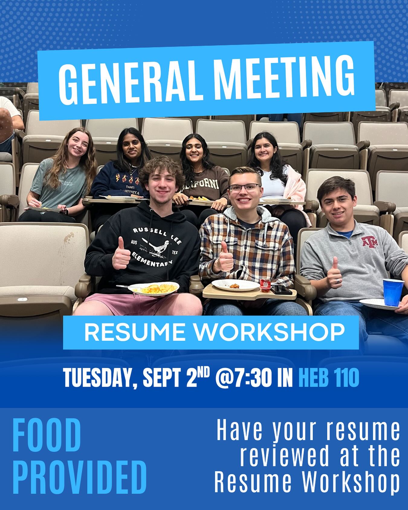 Please join us for our first general meeting of the semester this Tuesday!!! Get excited for food AND a resume workshop!!🎉👍 See you there🙌