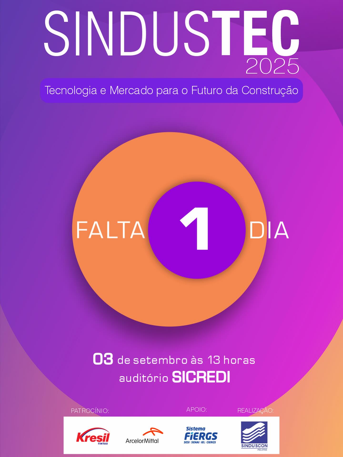 🚨 É AMANHÃ! 🚨
O maior evento de inovação da construção civil do Sul do RS está chegando.
📍 Dia 3 de setembro | Pelotas
🔑 Conteúdo exclusivo, networking estratégico e o case do prédio residencial mais alto do mundo.
⏳ Última chance de garantir seu ingresso!