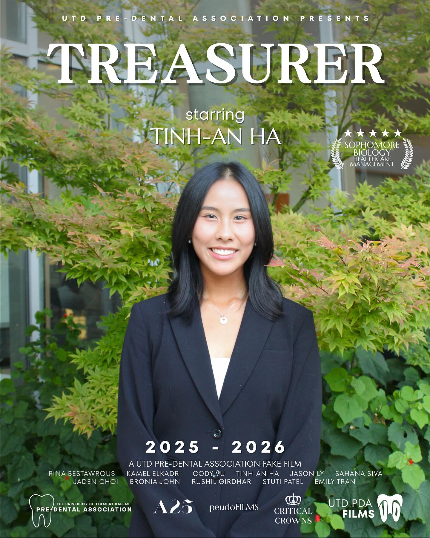 Introducing Tinh-An Ha, a Sophomore Biology major and Healthcare Management minor stepping into the spotlight as Treasurer of the UTD Pre Dental Association!
Let’s get to know a little more about her and see what she does behind the scenes 🎬✨
Q) What are your officer responsibilities?
As the treasurer, I’ll be responsible for UTD PDA’s finances, making sure they are well managed and taken care of! I’ll do that by overseeing member dues effectively and ensuring a balanced budget for our fun events.
Q) Fun fact:
When I was young, I chipped half of tooth #9 by falling off a bed and had to get a root canal (rip) 🤧
Q) If there was a movie about you, what would the title be?
The Better Twin - I have a twin brother haha (and I’m older by 4 minutes)
With her careful planning, she will ensure the organization stays on budget so PDA’s events and initiatives come to fruition. Stay tuned for the next officer poster as the rest of the team step into the spotlight 🤩