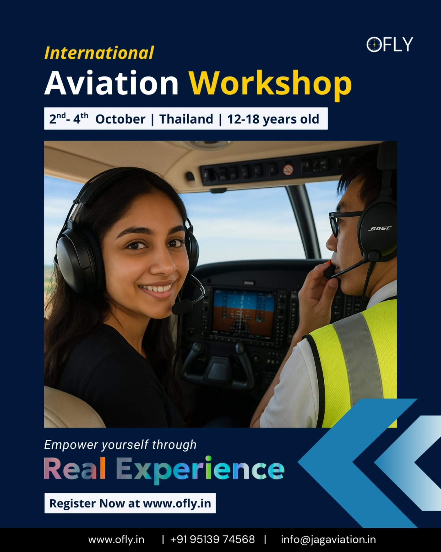 Real flying. Real skills. Real impact. 🛩️
OFLY’s International Aviation Workshop—
Wings of Discovery—is a compact yet enriching aviation program offering real flight experience, technical insight, and personal growth, all set against the backdrop of international aviation training in Thailand.
It’s perfect for teens passionate about aviation, ready to learn beyond the classroom and experience the skies firsthand.
✨Scheduled for 2nd–4th October 2025 in Thailand
✨Register at www.ofly.in
Learning Outcomes & Benefits:
✈️ 1. Hands-On Flight Experience
🧠 2. Deep Technical Knowledge
🌏 3. Global Exposure & Cultural Immersion
🗣️ 4. Confidence, Leadership & Communication
🎯 5. Career Clarity in Aviation & STEM
Seats are limited – secure yours before they take off! 🛫✨
#aviationworkshop #studentactivity #teens #realflying #ofly #entrepreneurspirit #learningabroad #internationalworkshop