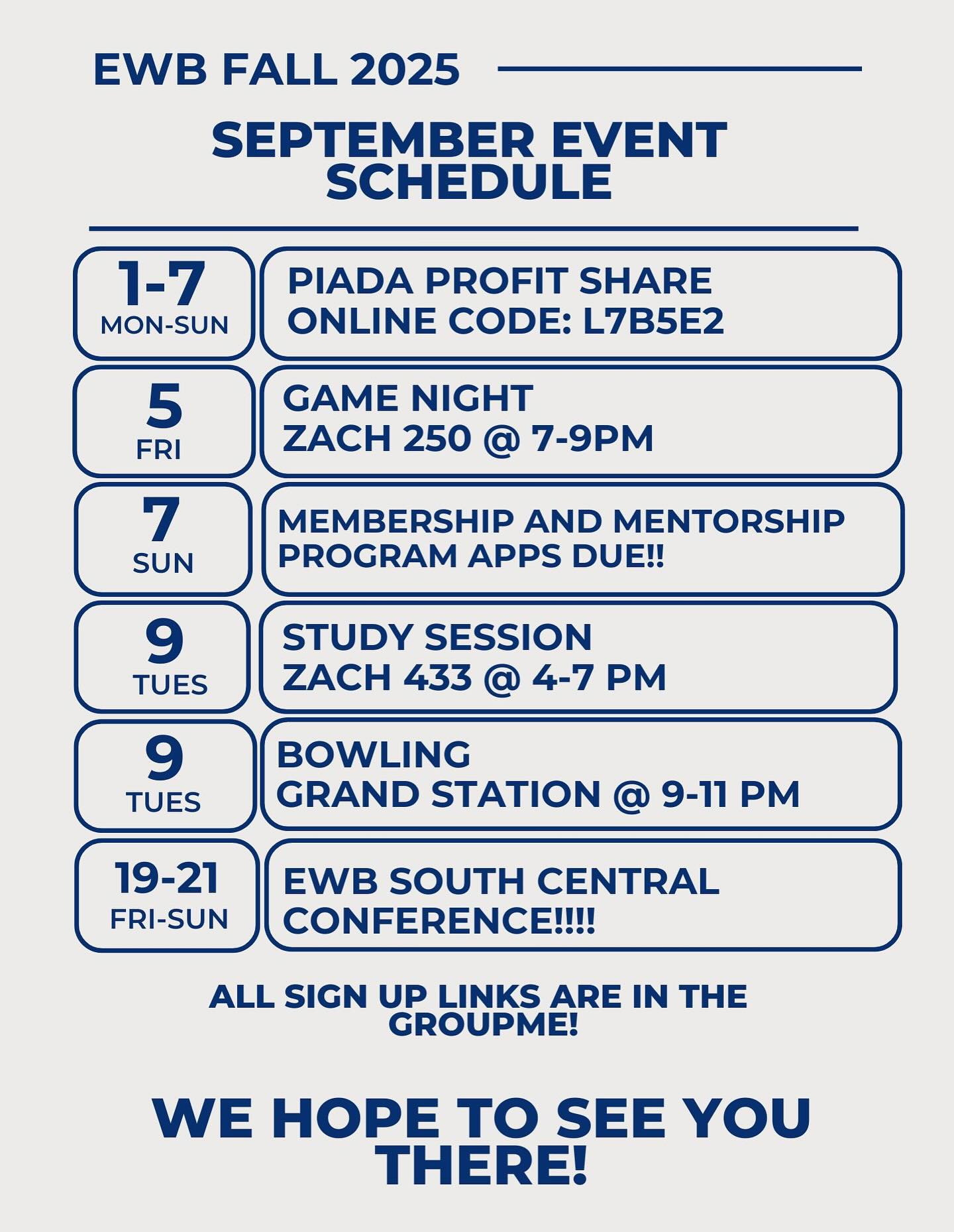 Hey EWB Aggies! Check out our events for September and make sure to sign up using the links we’ve been sharing in the GroupMe. We can’t wait to see you all there!