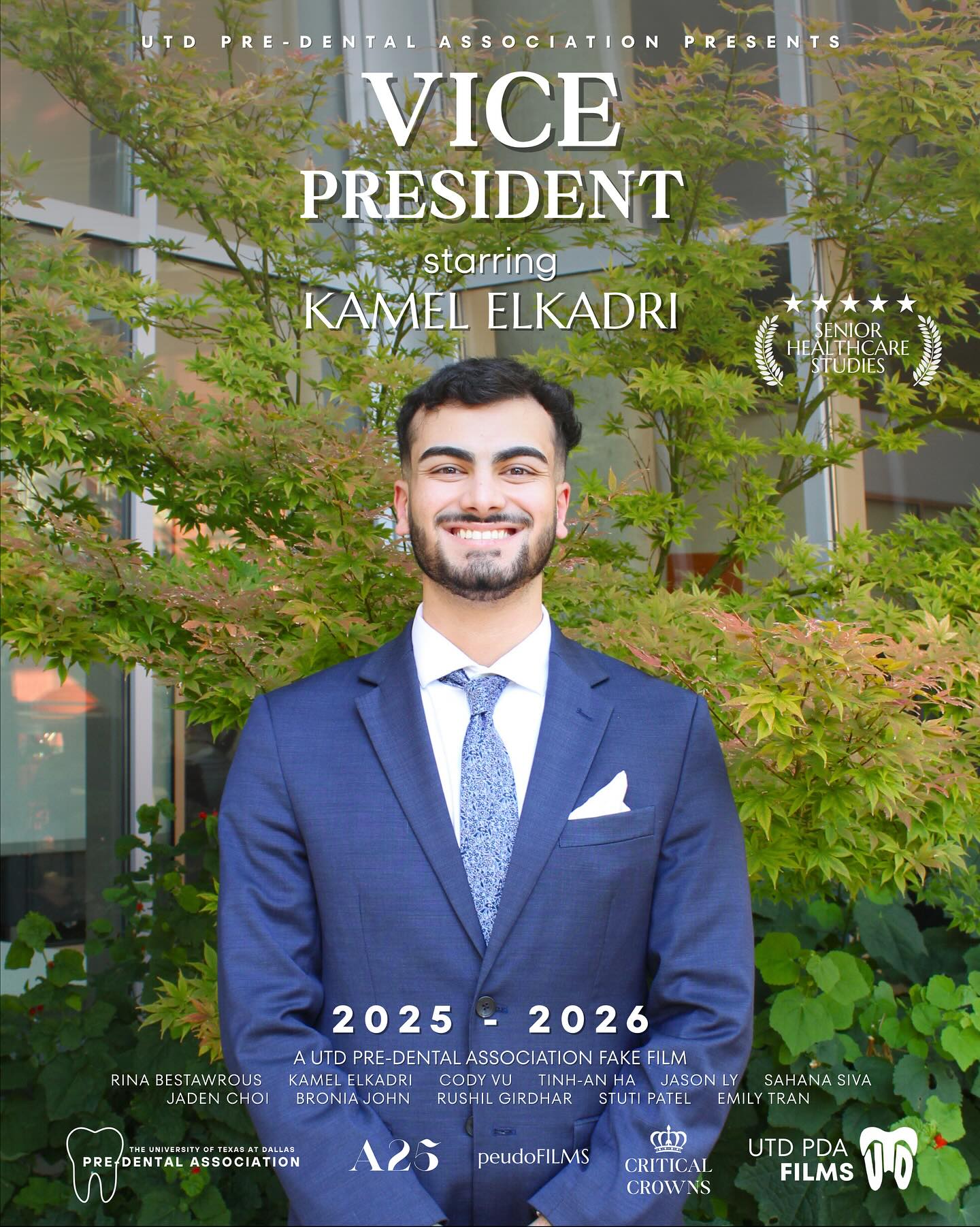 Introducing Kamel Elkadri, a Senior Healthcare Studies major stepping into the spotlight as Vice President of the UTD Pre Dental Association!
Let’s get to know a little more about him and see what he does behind the scenes 🎬✨
Q) What are your officer responsibilities?
As Vice President, I really try to create a welcoming environment where members feel comfortable and supported. I’m always happy to lend a hand, whether it’s with academics, professional advice, or just personal encouragement. I also work closely with the rest of the officer board to keep our events running smoothly and to make sure members get the most out of being part of our organization
Q) Fun fact:
I’ve been playing Clarinet for 10 years, and outside of music, I’m a grill master who enjoys cooking barbecue!
Q) If there was a movie about you, what would the title be?
4th-Quarter
With his leadership and vision, he will support the team and help guide the organization toward another successful and impactful year. Stay tuned for the last, but definitely not least, officer poster!! 🤩