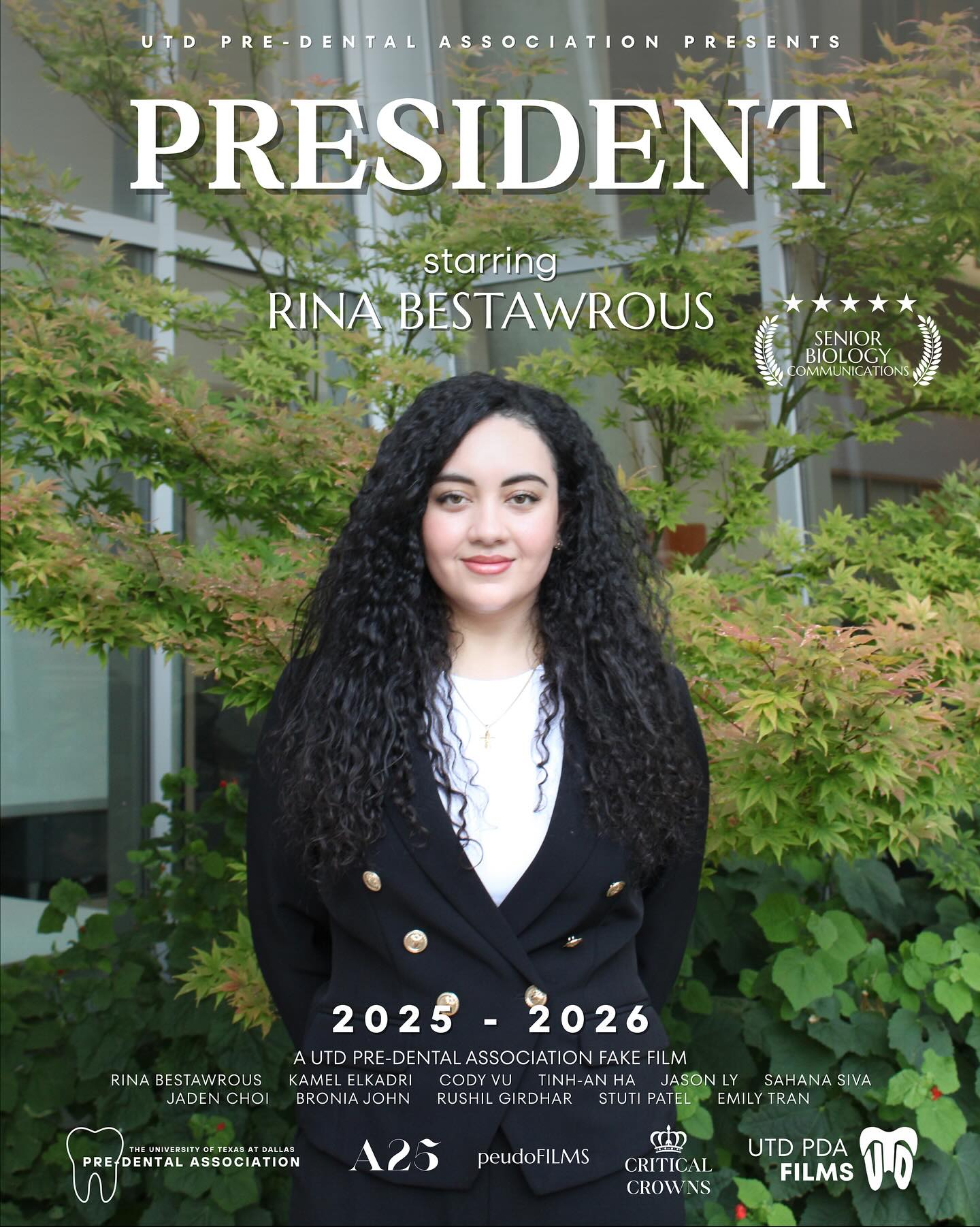 Introducing Rina Bestawrous, a Senior Biology major and Communications minor stepping into the spotlight as President of the UTD Pre Dental Association!
Let’s get to know a little more about her and see what she does behind the scenes 🎬✨
Q) What are your officer responsibilities?
I serve as the primary liaison with our sponsor, Dr. Murchison, and TAMCOD for Miles for Smiles. I oversee officer responsibilities, run meetings, prepare agendas, and send reminders to ensure tasks are completed. I also work with the Treasurer to manage finances. In addition, I organize and coordinate events such as guest speakers, general meetings, Mosaic Night, and Impressions Day.
Q) Fun fact:
I was born in Cairo, play the saxophone, and love being outside in nature and going on long walks!
Q) If there was a movie about you, what would the title be?
Egyptique
With her dedication and guidance, she will lead the organization, inspire the team and drive PDA toward a year full of growth, impact, and achievement!
That’s a wrap on our officer introductions! 🥳
We hope to see you at our FIRST GENERAL MEETING TOMORROW!! 👋