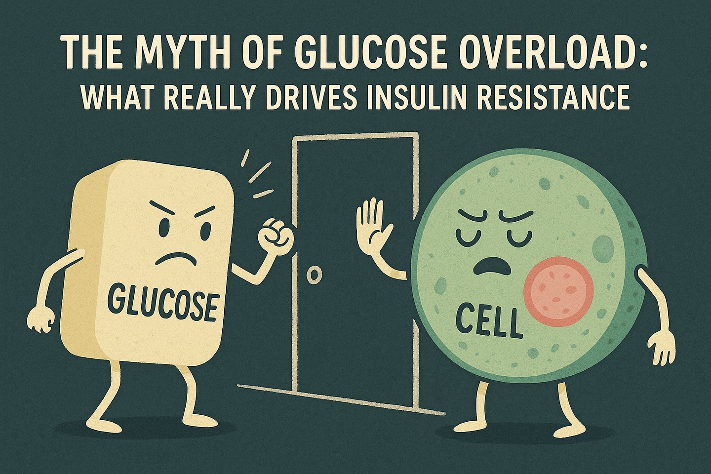 The Myth of Glucose Overload: What Really Drives Insulin Resistance
We’ve been told for years that insulin resistance is caused by “too much sugar,” that glucose wears out receptors until they stop working. It’s simple, memorable – and completely misleading.
The receptors don’t break. The problem lies in the cellular environment.
When energy supply chronically exceeds demand – from fructose, alcohol, refined carbs, or even amino acids – fat cells eventually reach capacity. Healthy adipose tissue is protective until it overfills. Once stressed, fat cells leak fatty acids and inflammatory signals, diverting overspill into liver and muscle.
There, lipid by-products like diacylglycerols and ceramides accumulate, blocking the insulin signal inside the cell. At the same time, mitochondria are overwhelmed, producing reactive oxygen species that further damage insulin pathways. Stressed fat cells recruit immune cells, releasing cytokines such as TNF-α and IL-6, amplifying the dysfunction. The endoplasmic reticulum adds another layer of stress under constant nutrient excess.
And then there is insulin itself. Chronic hyperinsulinaemia – the body “shouting louder” – leads cells to down-regulate receptors, not because they are broken, but because they are protecting themselves from constant signalling.
Insulin resistance is therefore not about glucose wearing out receptors. It is the combined effect of ectopic fat deposition, mitochondrial stress, inflammation, and chronic hormonal signalling.
The old “excess glucose” story is holding back progress. To prevent and reverse metabolic disease, guidance must reflect the true biology: insulin resistance begins with nutrient overload and cellular stress, not with glucose alone.