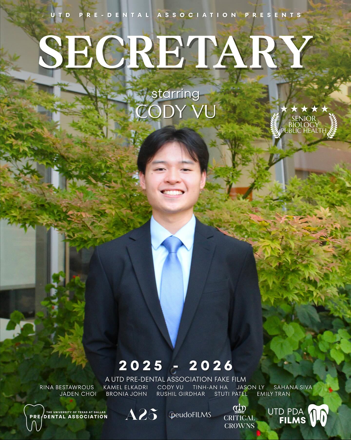 Introducing Cody Vu, a Senior Biology major and Public Health minor stepping into the spotlight as Secretary of the UTD Pre Dental Association!
Let’s get to know a little more about him and see what he does behind the scenes 🎬✨
Q) What are your officer responsibilities?
As Secretary, my role serves to manage membership status within PDA while tracking hours across different events. Not only do I maintain record-keeping, but I also create weekly newsletters for our members highlighting upcoming events and further announcements. If you have any questions regarding your hours or status, I’d be more than happy to help and I can’t wait to work with everyone this year!
Q) Fun fact:
I enjoy staying physically active whether it’s playing basketball, tennis, or pickleball. During my free time, I also like to work on cars and attend auto events where I partake in photography alongside filming. This coming year I will be hosting my 7th semi-annual car meet with Dallas Formula Racing called “Cars & Comets”!
Q) If there was a movie about you, what would the title be?
The Final Lap
With his organization and attention to detail, he will keep the team on track by managing records and maintaining communication. Stay tuned for the next officer poster as the rest of the team step into the spotlight 🤩