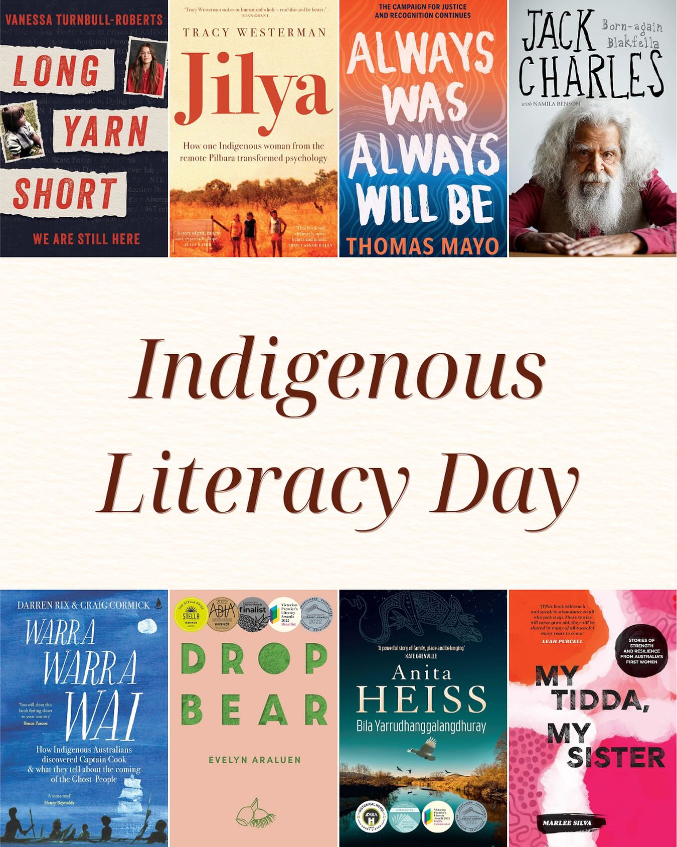 Today is Indigenous Literacy Day, an annual celebration of Aboriginal and Torres Strait Islander Peoples’ Stories, Cultures, and Languages.
#ILD is run by the Indigenous Literacy Foundation, and this year the theme is ‘Strength In Our Stories: For Now & Future Generations’.
For the last few years, I have set myself the goal of reading at least one book per month written by an Aboriginal or Torres Strait Islander person. I did this after I realised that these voices were completely underrepresented in my reading, as someone who was already making a concerted effort to read Australian literature.
In the spirit of accountability, here are the 8 books by Aboriginal authors I have read so far this year:
🖤 Born-Again Blakfella, Jack Charles (with Namila Benson)
💛 Dropbear, Evelyn Araluen
❤️️️ Long Yarn Short: We Are Still Here, Vanessa Turnbull-Roberts
🖤 Jilya, Tracy Westerman
💛 My Tidda, My Sister, Marlee Silva
❤️️️ Always Was, Always Will Be, Thomas Mayo
🖤 Warra Warra Wai, Darren Rix & Craig Cormick
❤️️️ Bila Yarrudhanggalangdhuray, Anita Heiss
Now and every day, if you’re a reader in Australia, take the time to seek out and read stories from a diverse range of groups, including Aboriginal and Torres Strait Islander people. I have been improved and expanded by everything I have learned from the writing of our country’s first storytellers.
If you’re able, please consider donating to the @indigenousliteracyfoundation, who are completely donor-funded (i.e. do not accept any government funding) and do amazing work.
And, feel free to drop me some book recommendations!
#IndigenousLiteracyDay #ILD #IndigenousLiteracyFoundation #StrengthInOurStories #IndigenousVoices #OwnVoices #FirstNationsStories #FirstNationsVoices #AustralianLiterature #AustLit #BookstagramAustralia #OzLit
🖤💛❤️️️