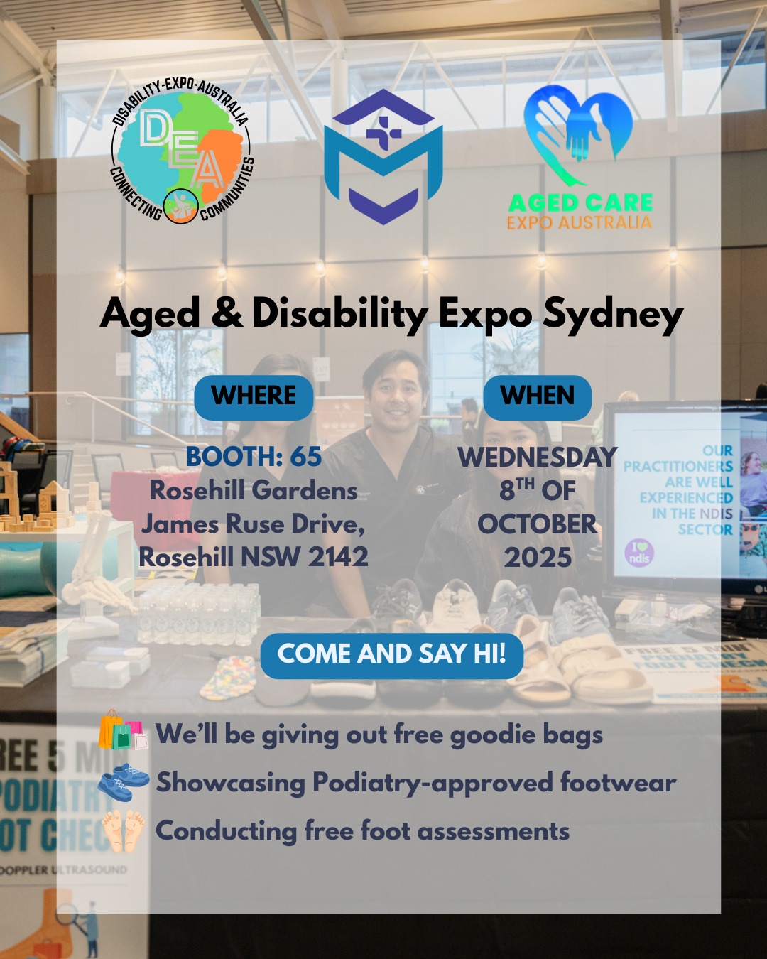 ๐ฃโจ Weโre excited to be at the Aged & Disability Expo Sydney!
๐ Booth 65 โ Rosehill Gardens
๐
Wednesday, 8th October 2025
Come and say hi! ๐
โ
Free goodie bags ๐
โ
Podiatry-approved footwear ๐
โ
Free foot assessments ๐ฆถ
We canโt wait to meet you and share how we support our community through better foot health. ๐
#AgedCare #DisabilityExpo #NDIS #Podiatry #CommunityCare #SydneyEvents
โ
๐ป ๐๐๐๐ ๐ ๐๐๐๐๐๐๐/๐๐๐
๐๐๐๐๐ โก๏ธ www.myalliedcare.com.au
๐ (02) 9199 5548
โ