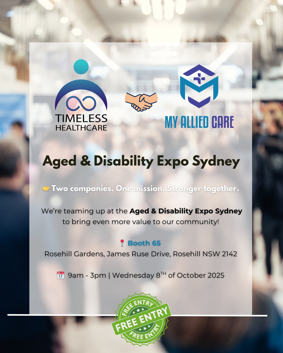 ๐ค Two companies. One mission. Stronger together.
My Allied Care and @timelesshealthcare are teaming up at the Aged & Disability Expo Sydney to bring even more value to our community!
โจ Learn about all things allied health: Podiatry, Physiotherapy, Exercise Physiology & Occupational Therapy
โจ Interactive activities
โจ Expert advice & support
โจ Free goodies
๐ Booth 65 | Rosehill Gardens
๐
Wednesday, 8th October 2025
Come say hi and see how collaboration makes care better ๐
#NDIS #AgedCare #DisabilityExpo #SydneyEvents #CommunityCare #MyAlliedCare #TimelessHealthcare
