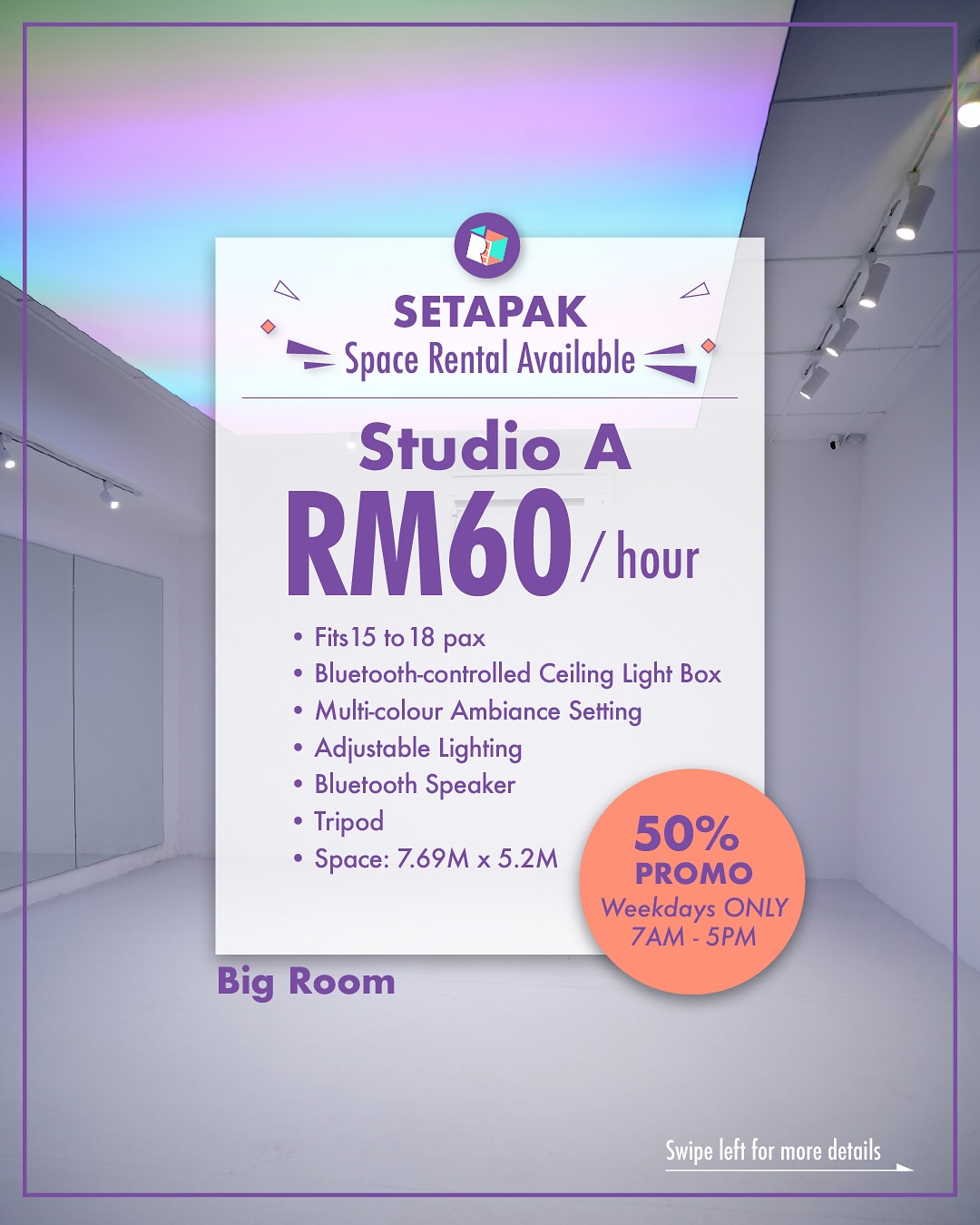 π STUDIO A: Inspired by Studio CHOOM
Step into Studio A, a spacious, minimalist room designed for creators who love clean aesthetics and vibrant lighting. With its white seamless wall-to-floor design and customizable ceiling color settings, this studio gives you the perfect stage to create bold, customisable visuals.
β¨ Fits up to 15-18 pax
β¨ White walls, seamless wall-to-floor backdrop
β¨ Ceiling color setting π
β¨ Full-length mirrors & speakers
β¨ Adjustable ambiance lighting
π Studio A, Setapak
Ready to create your own stage moment? Book your Studio A session now!
#dancestudiokl #dancestudio #dancestudiomalaysia #dancestudioselangor #malaysiandancer #malaysiadancescene
