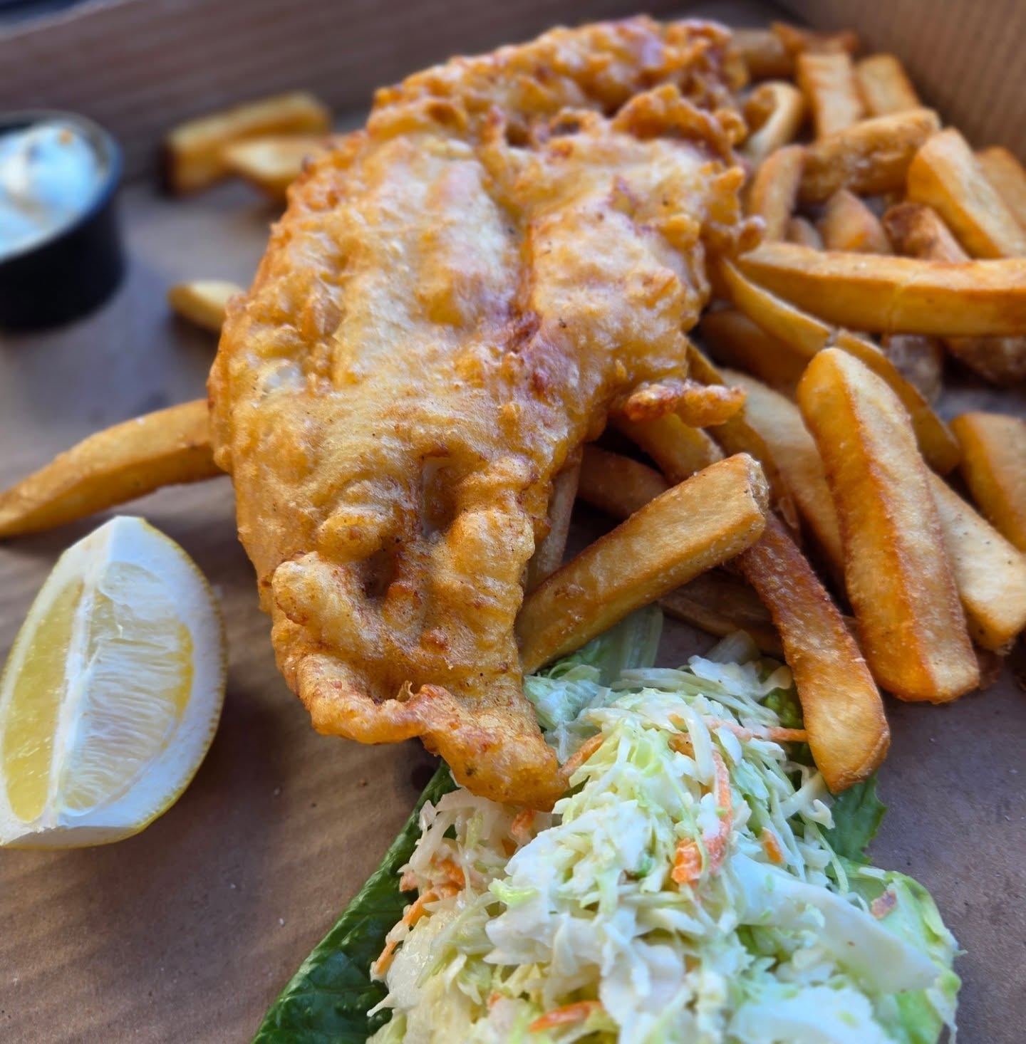We were caught of guard a little when this fish & chips came out in a pizza box. Had some great batter on it.