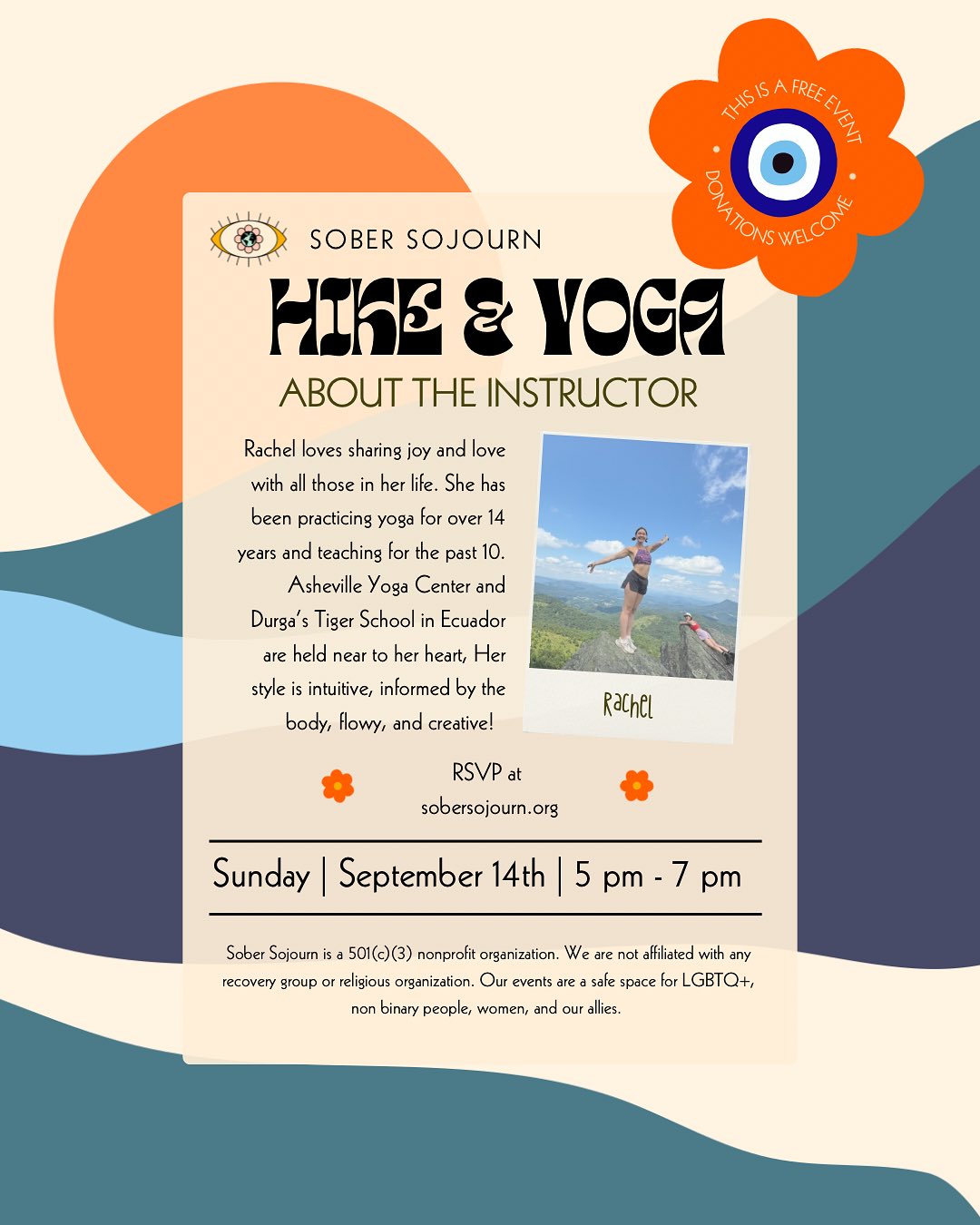 Let’s go hiking and do some yoga y’all! Sunday September 14th we will be meeting at 5pm off the Blue Ridge Parkway 🌈
We will hike to a spot overlooking the Blue Ridge Mountains where we will enjoy a beginner’s friendly yoga class led by Rachel a certified yoga instructor with 10 years experience! @lovelylilrae 🌸
This is a free event (but donations are always welcome!) 🍀
Please RSVP on our website sobersojourn.org to stay in the loop on rain checks and other FAQ 😎