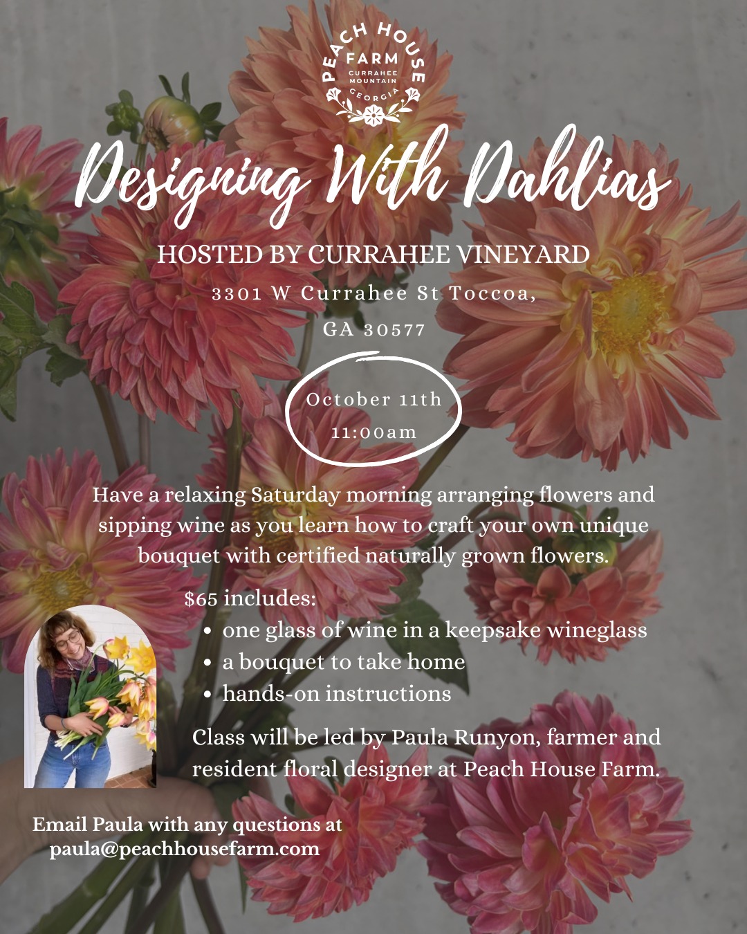 We're at it again folks ~ join us for another fun morning at @curraheevineyardandwinery for a dahlia-filled design class! We'll learn how to design flower arrangements featuring everyone's seasonal fave ~ dahlias ~ while enjoying the amazing view, good company and great wine. Link in our bio to register. 🙋♀️💐🥂
Email paula@peachhousefarm with any questions. 👩🌾
#dahliaseason #bouquetclass #curraheemountain