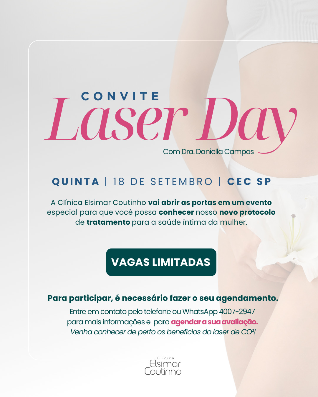 Quer ver de perto o laser que está mudando o jeito de cuidar da pele e da saúde íntima? 💜
O Laser Day é a oportunidade perfeita para tirar dúvidas e conhecer os resultados do Hegon Laser CO₂.
📍 18/09 – Clínica Elsimar Coutinho São Paulo
⚠️ As vagas são limitadas, por isso agende sua avaliação.
📞 Telefone e WhatsApp: 4007-2947
Agendamento 📲 4007-2947
📍Av. Moema, 300, 13º andar, Moema - São Paulo