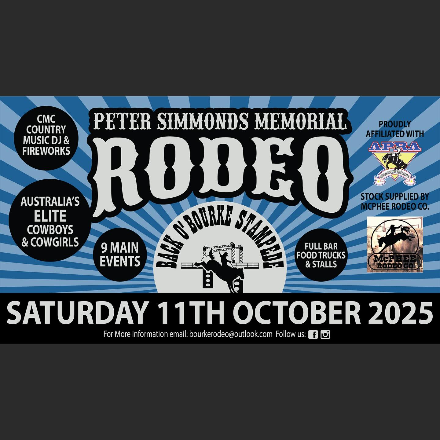 - BACK O’ BOURKE STAMPEDE -
- PETER SIMMONDS MEMORIAL RODEO -
It’s an absolute pleasure to support community events by doing all their graphics work!
The Back O’ Bourke Stampede Peter Simmonds Rodeo is on the 11th of October!!
If you need graphics for advertising for your event please get in touch!!
#lauragillarddesign #designer #events #eventgraphics #eventadvertising #advertising #backobourkestampede #petersimmondsmemorialrodeo