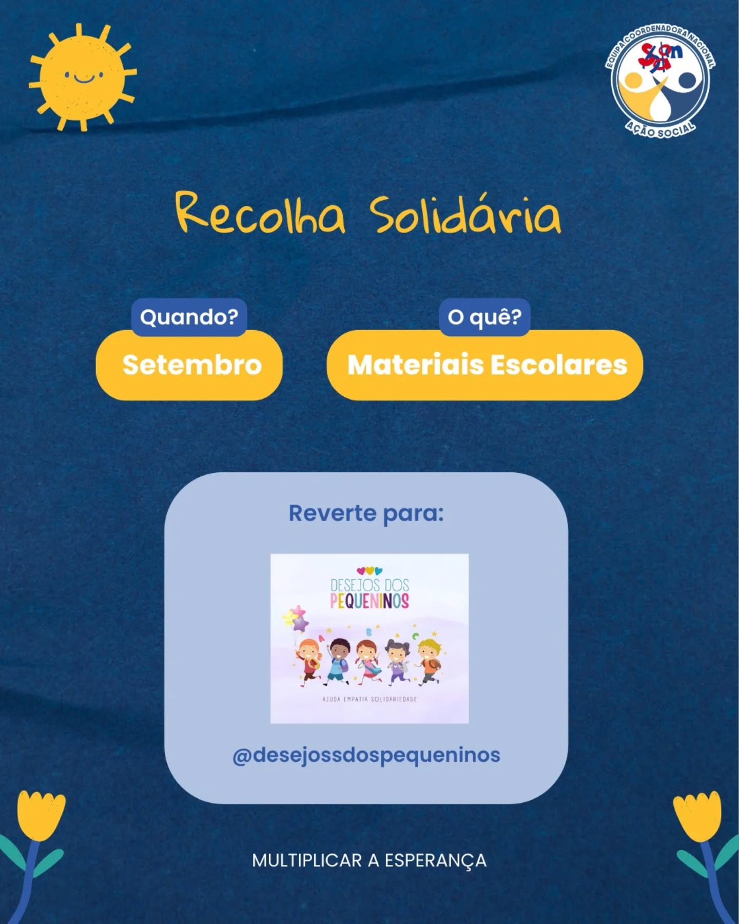 Shalom amigos ❤️💛💙
Iremos realizar uma angariação para ajudar as crianças que são acompanhadas pelo Projeto Desejos dos Pequeninos, angariando o maior número de material escolar.
Caderno a caderno, podemos ajudar algumas crianças a ter um ensino mais completo e colorido. 🌈
Junta o que conseguires e comunica com qualquer membro da Equipa de Ação Social.
Ajudem-nos a multiplicar a esperança. Podemos contar contigo!?
Forte abraço em Cristo Shalom 💙💛❤️