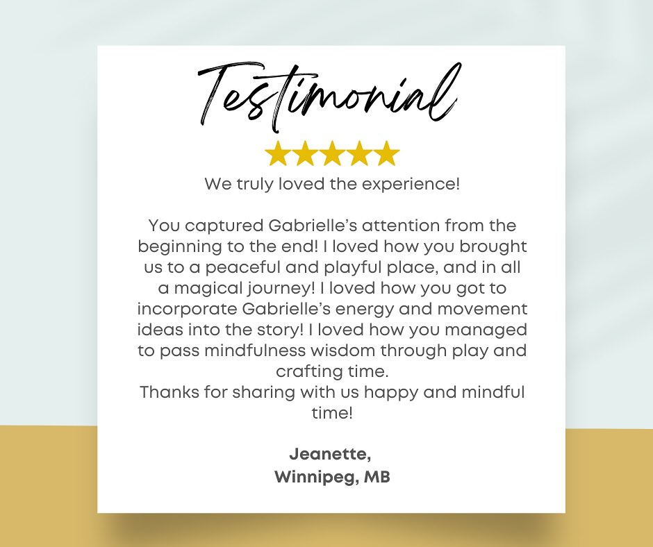 ⭐️⭐️🌟 Parent Spotlight ⭐️⭐️🌟
“We truly loved the experience! You captured Gabrielle’s attention from the beginning to the end… bringing us to a peaceful and playful place, and in all a magical journey! ✨”
It fills my heart to hear how yoga + mindfulness can create not just movement, but connection, creativity, and calm for families 💛 Every child’s unique energy and ideas make the practice more special.
Grateful to share this path together 🌿🧘♀️ #RiseAndShineKidsYoga #familyyoga #parentandmeyoga #healthyfamilies #kidsyoga #winnipegkids